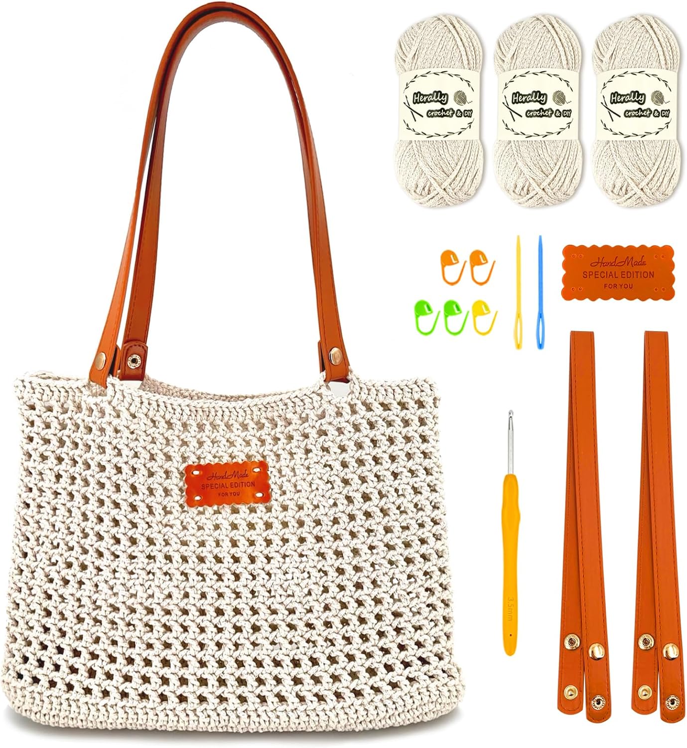 Herally Crochet Kit DIY Bag for Beginners - Include Yarn, Hook and Accessory - with Step by Step Video Tutorials - Crochet Tote Bag Beige
