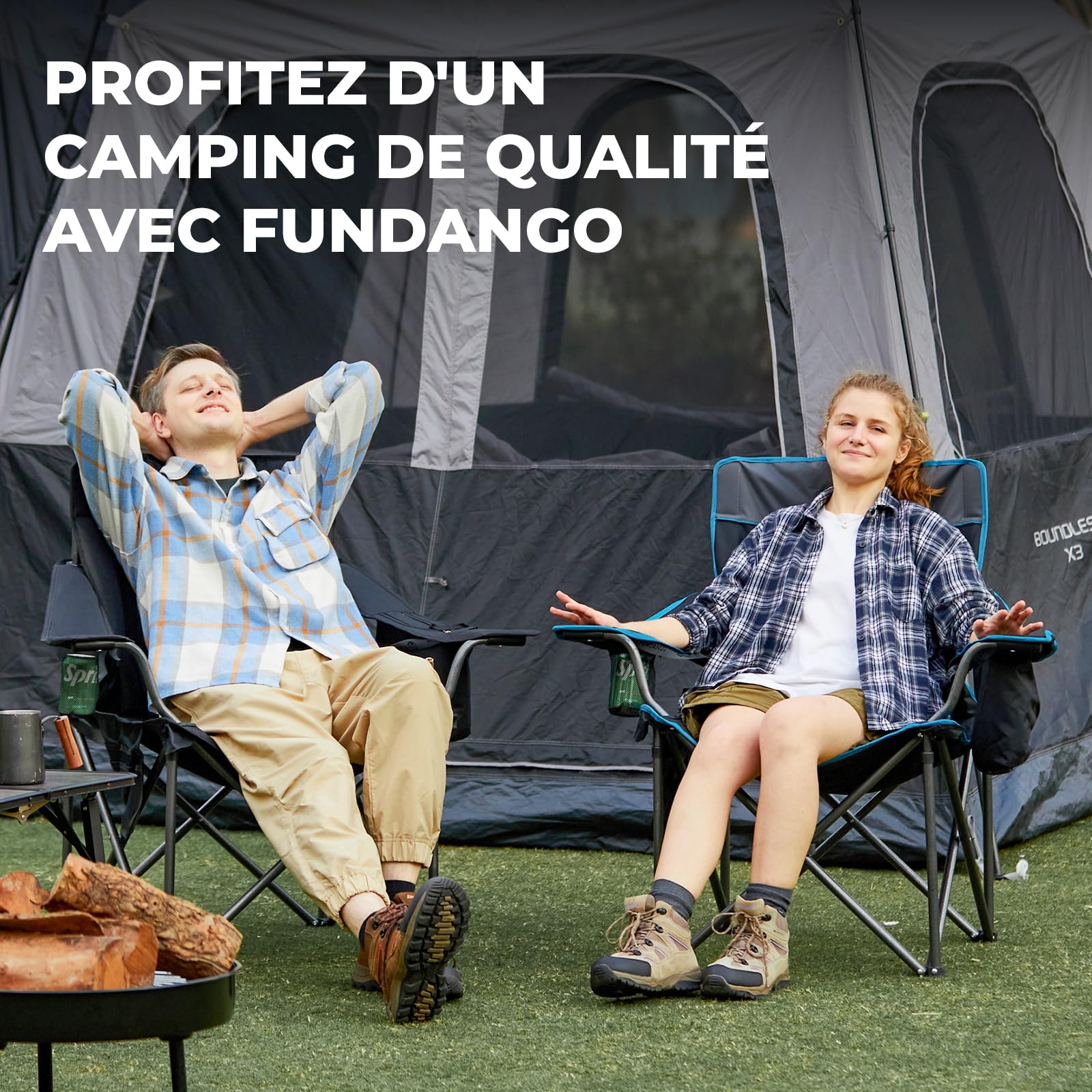 FUNDANGO Chaise de Camping Pliable surdimensionnée pour Adultes, 250 kg, Chaise de Plage Pliante Portable avec siège et Dossier rembourrés, Refroidisseur à 4 canettes et Porte-gobelet, Sac de