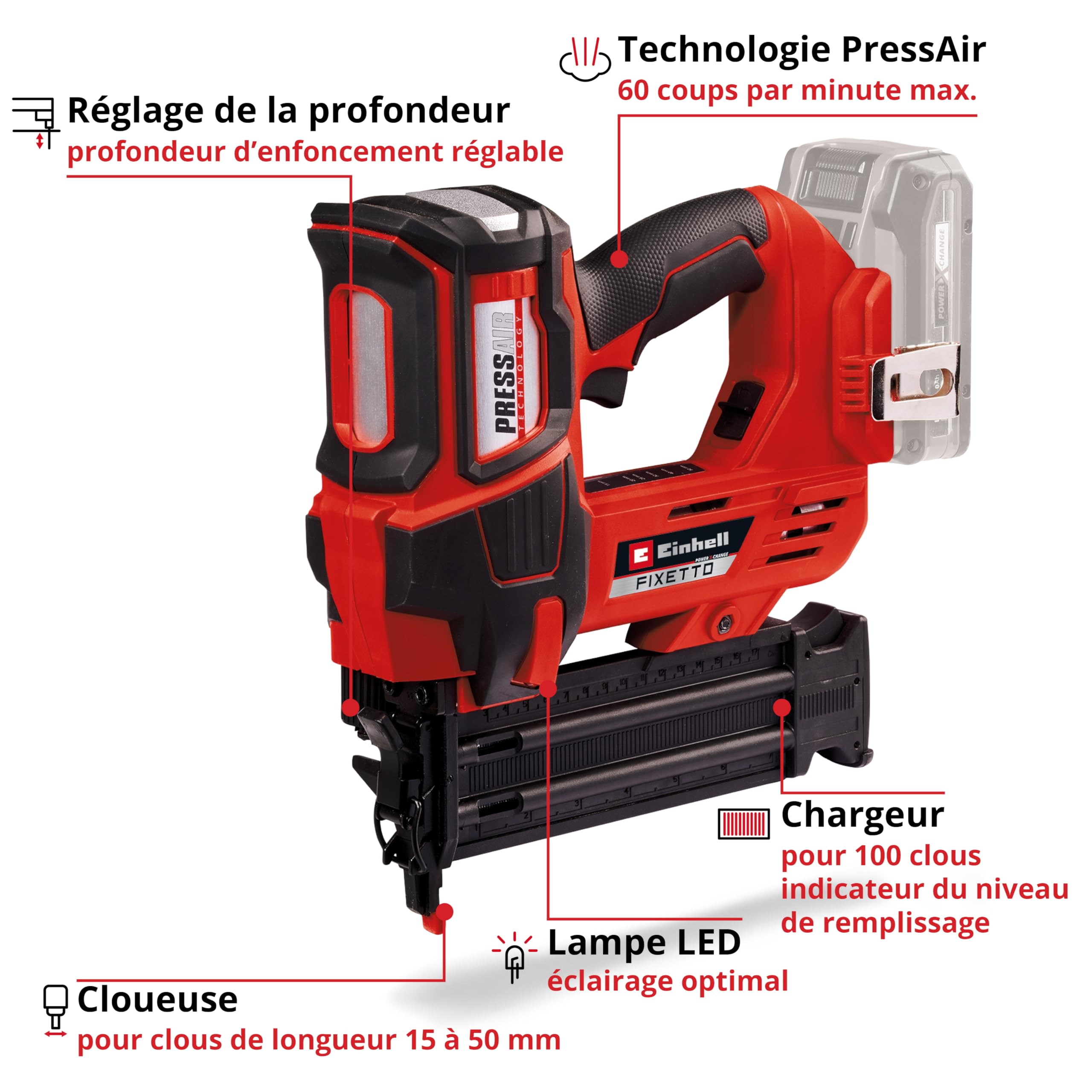 Einhell Professional Cloueuse sans fil FIXETTO 18/50 N Solo Power X-Change (18V, 60 cps/min, Clous de 15 à 50mm - largeur 1,0mm) Livré sans batterie ni chargeur