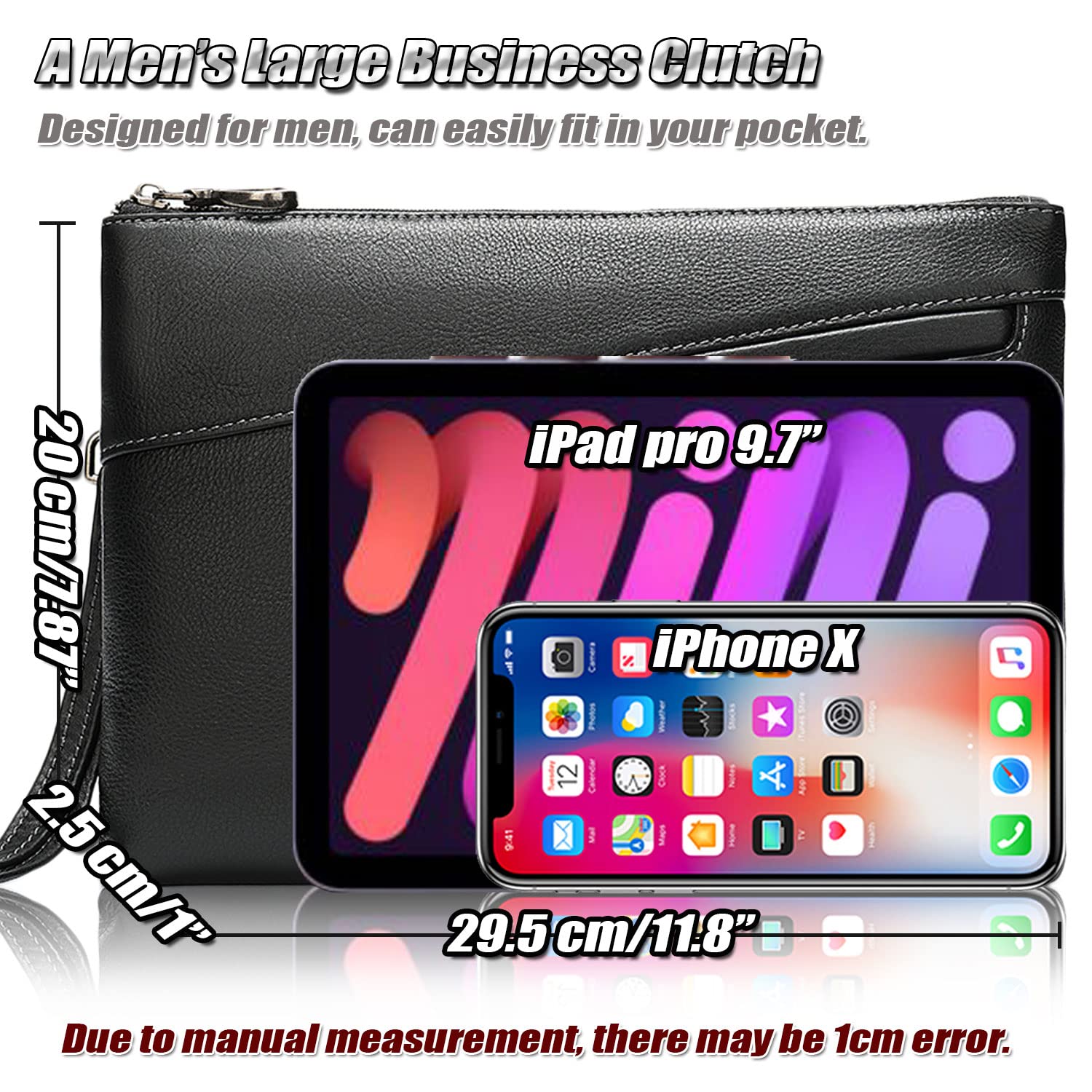 Bolsa de Mano para Hombres en Cuero de Grano Calidad, Formal Bolsa Business con Correa de Mano, Cartera de Mano para Teléfono Móvil y Tableta de Hasta 9,7 Pulgadas, Bolso Clutch de Hombre