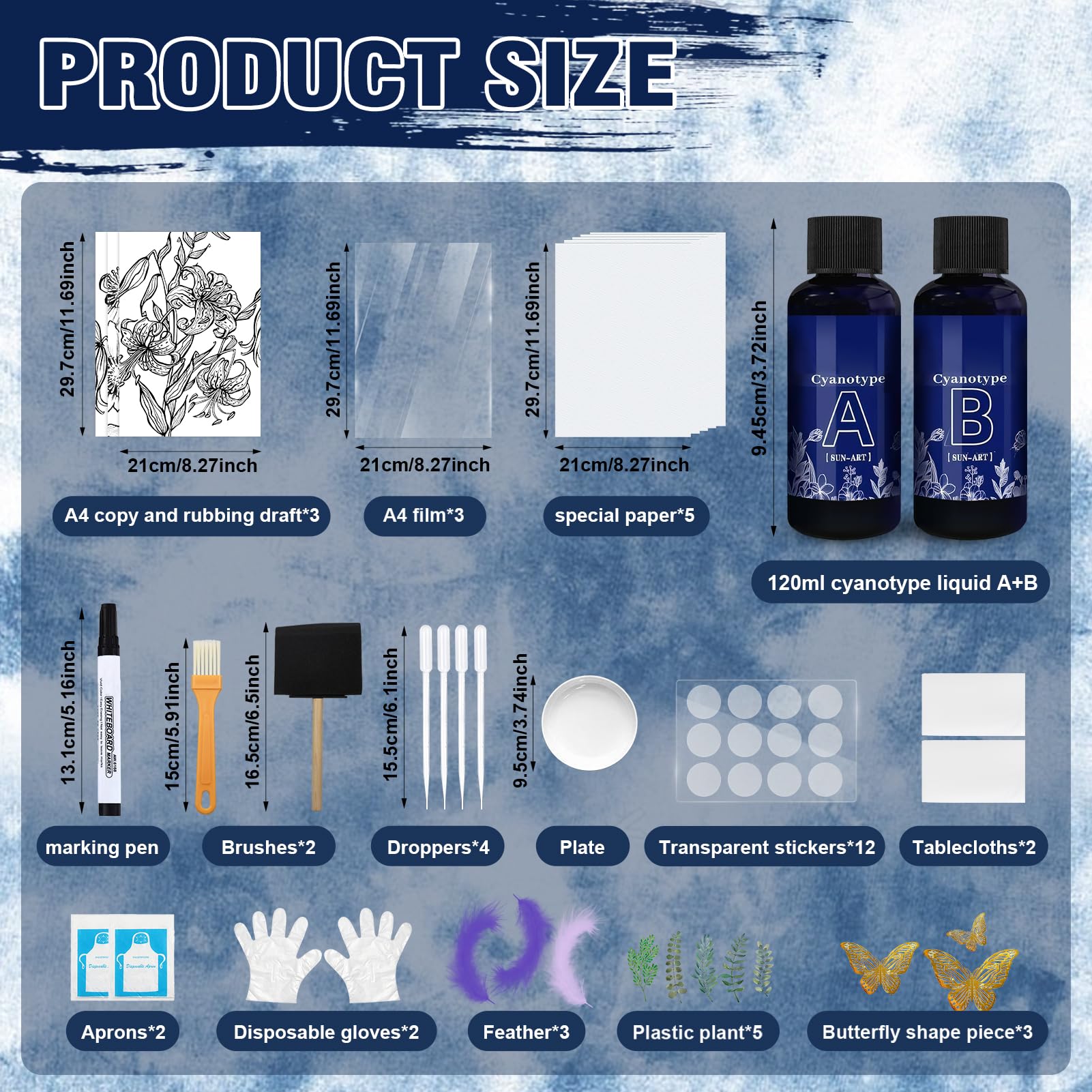 Cianotipia Kit, Kit Cianotipia, Set di Cianotipia Adatto per Progetti di Tintura Tessuti e Carta, Adatto per Progetti Fai Te Artigianali, Lascia Libera Tua Creatività, 53 Pezzi