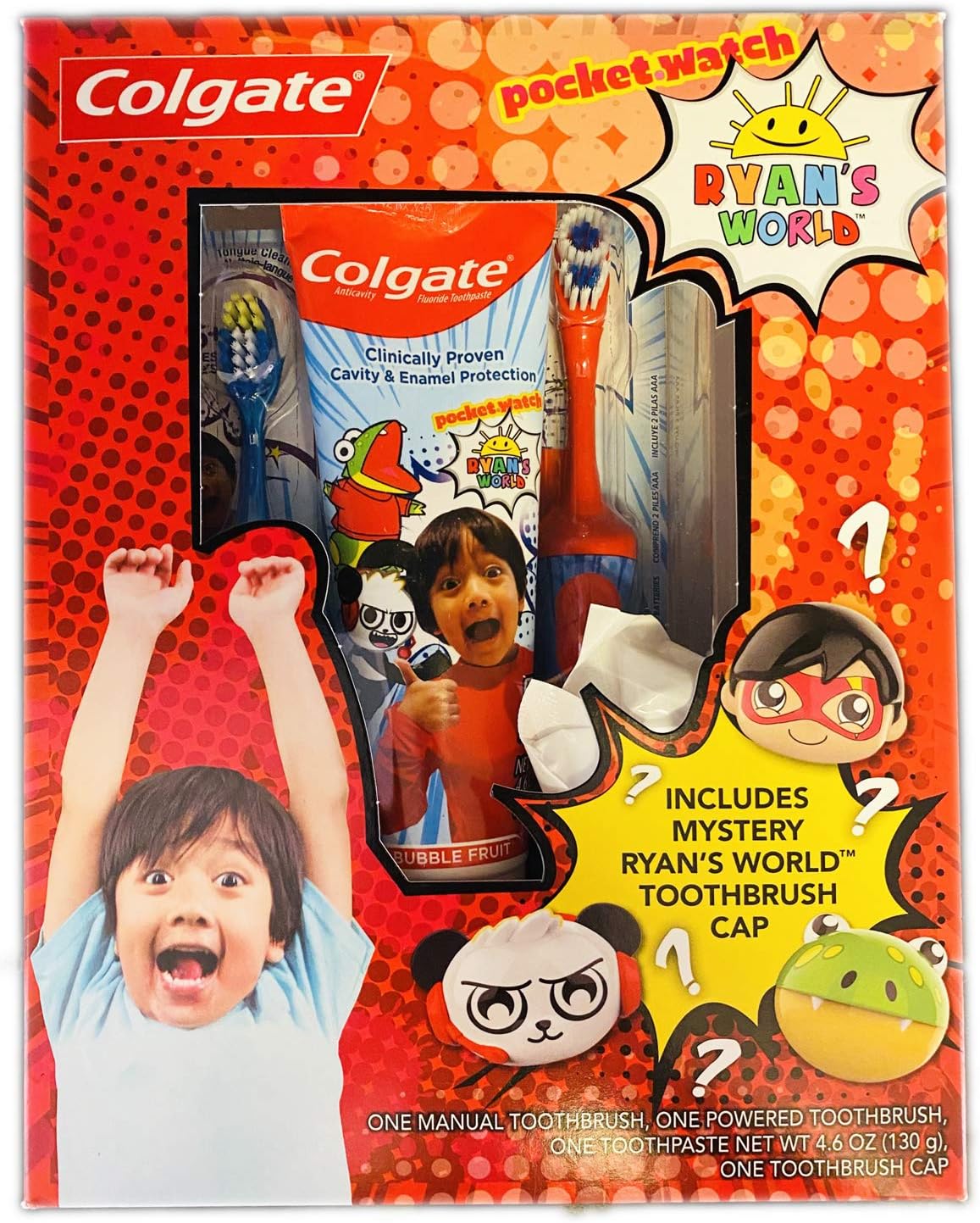 Ryan's World Kids Toothbrush Kit! Includes Manual Toothbrush, Powered Toothbrush, Toothpaste and Toothbrush Cap! Helps Strengthen Tooth Enamel And Fight Cavities! Choose Your Kit! (Small)