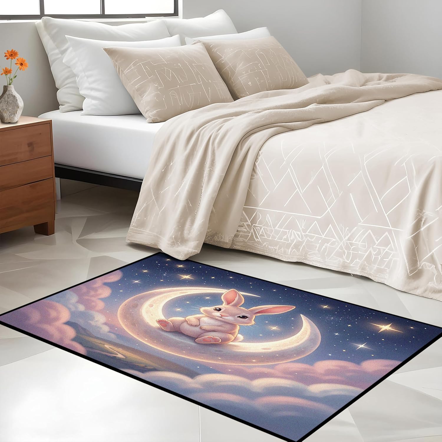 2x3 Cute Bunny Area Rug Washable Indoor for Entryway Living Room Rabbit Print Rug for Kids Girls Bedroom Pink Cloud Starry Non-Slip Floor Mat for Nursery
