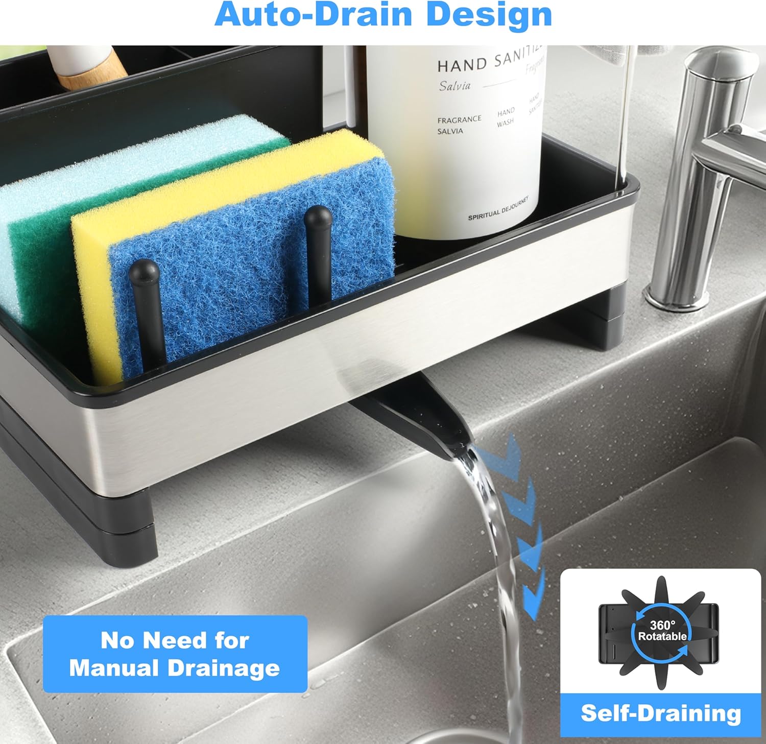 Kitchen Sink Caddy Organizer with Dish Brush Holder, Stainless Steel Sponge Holder with Dish Cloth Rack, Soap Sponge Caddy for Kitchen Countertop Sink Organizer and Storage Essentials - Image 3