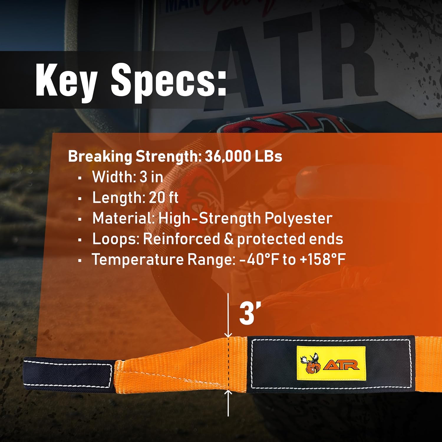 ATR Recovery Tow Strap 3″ x 20 ft – 22,200 lbs Breaking Strength, Heavy Duty Off-Road Recovery Strap for Truck, Jeep, SUV, Snatch Strap with Storage Bag – ATR USA - Image 7