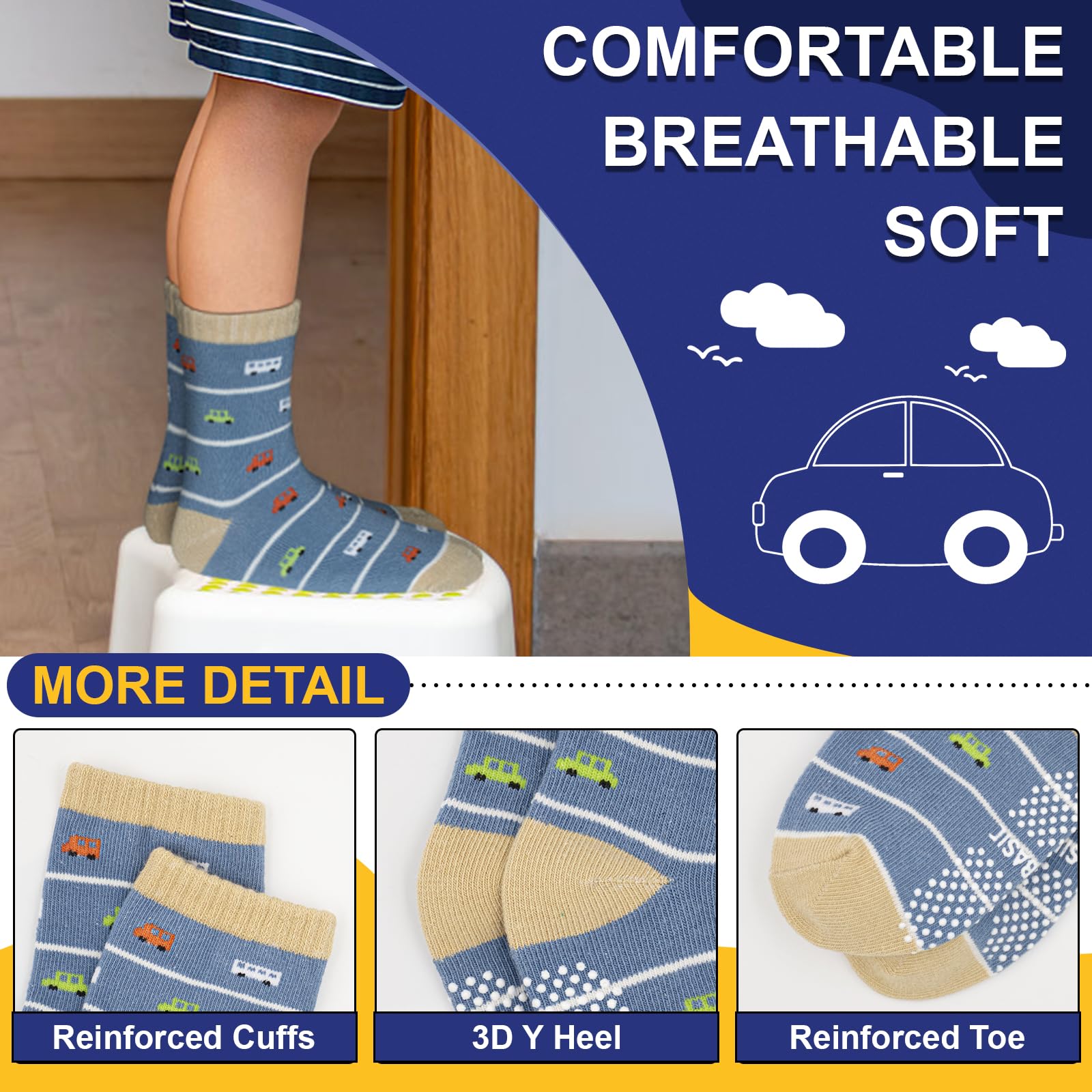 HYCLES Anti Slip Toddler Socks, 12 Pairs Non-Skid Cotton Grip Kid Socks for 1-7T Boy Girl 6-12 Month Baby, F.car&bear Style, 5-7 Years 2