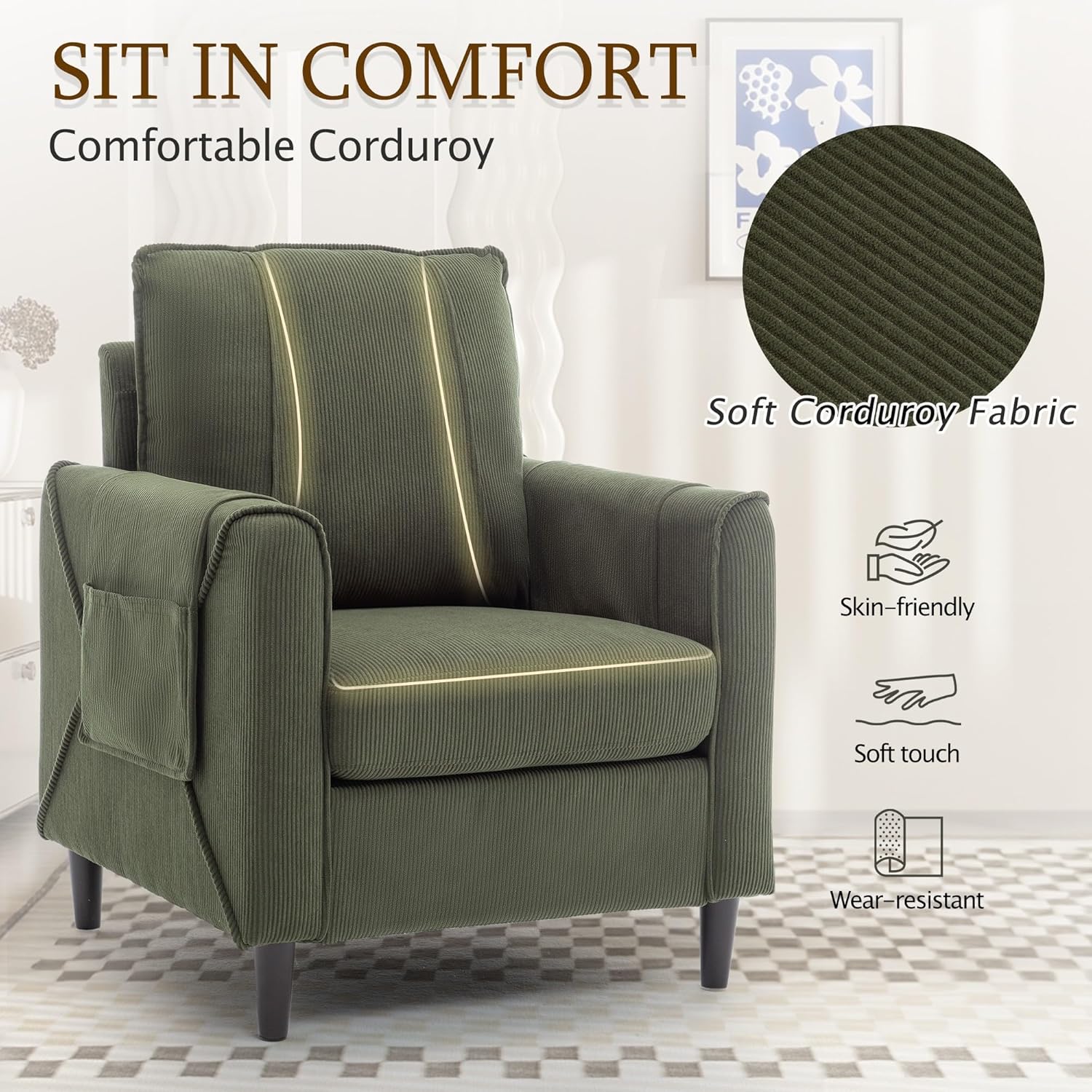 Accent Chair, Arm Chair for Living Room, Mid-Century Modern Upholstered Reading Chair, Comfy Club Chair with Side Pockets and Soft Cushion, Corduroy Fabric Sofachair for Bedroom