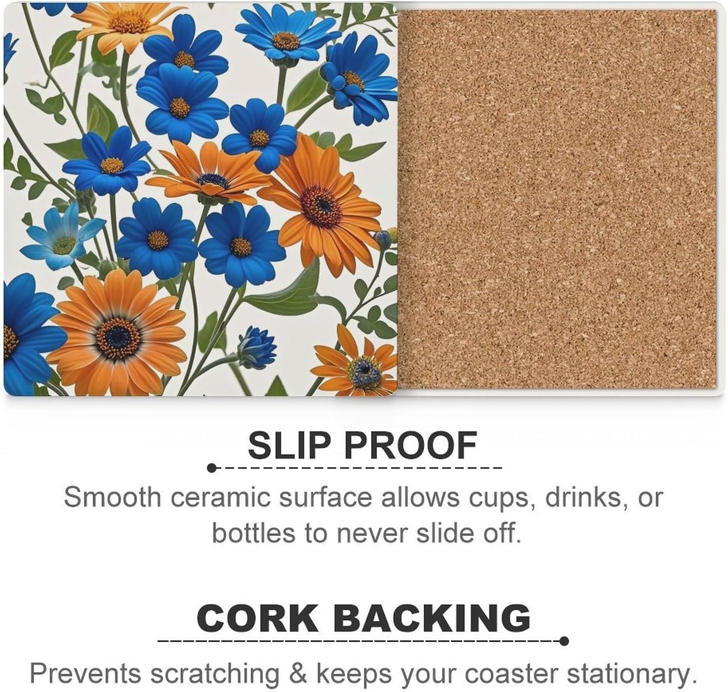 Blue and Orange Flowers on White Background Coasters Absorbent Ceramic Coasters for Drinks Coaster with Cork Backing for Table Protection Square Drink Cup Mat Modern Style Coaster for Coffee Table