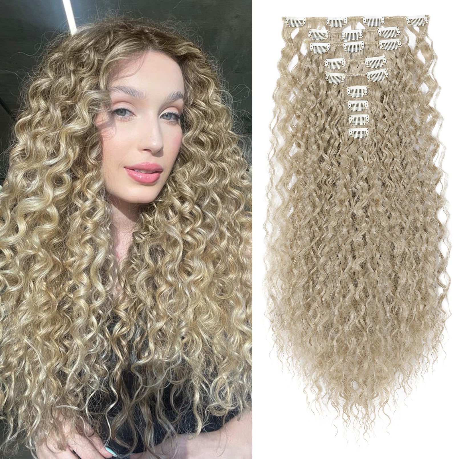 FLUFYMOOZ 9PCS Clip in Hair Extensions 22 Inch Curly Hair Extension Long Soft Synthetic Hairpieces for Women (Ash Blonde)