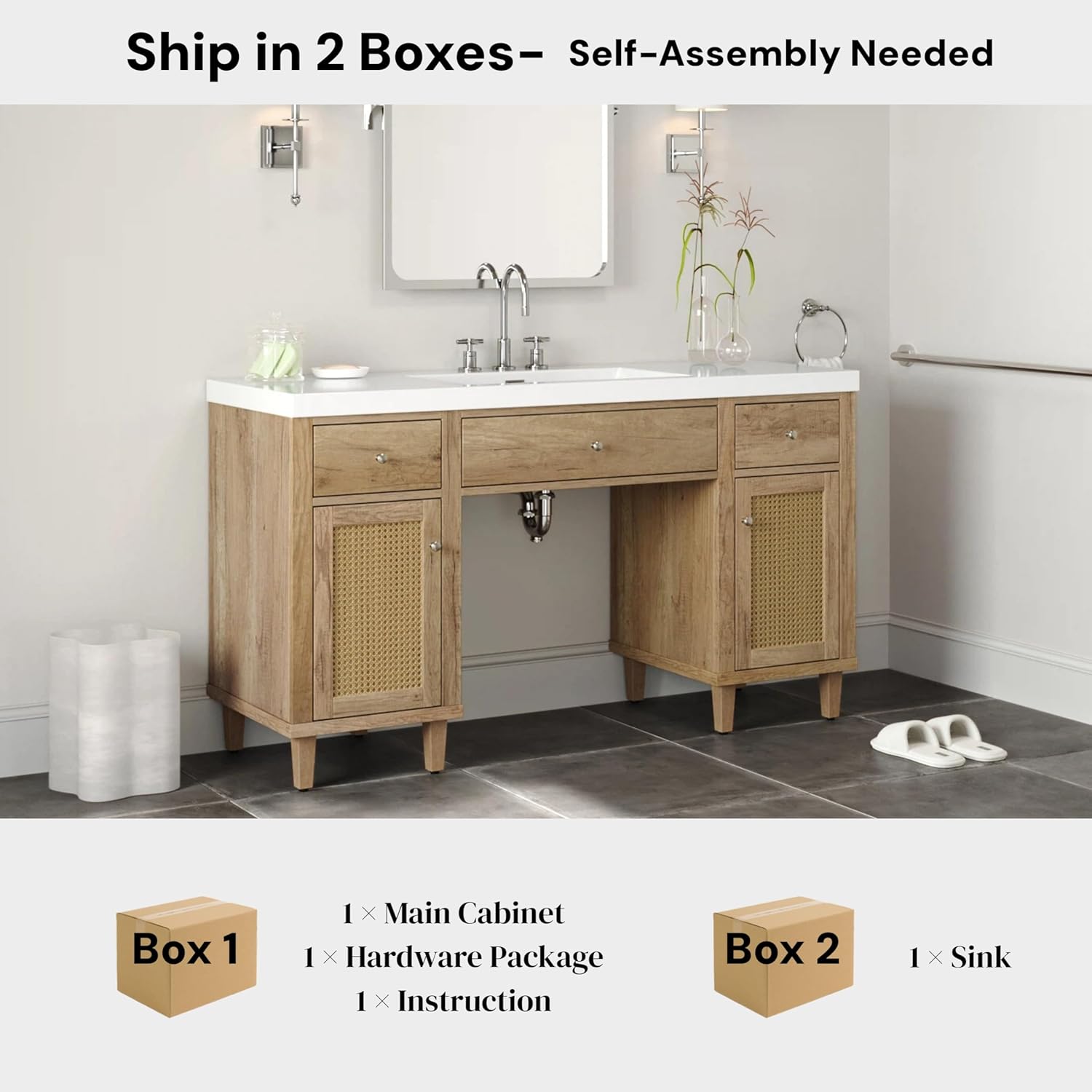 60 Inch Bathroom Vanity with Single Sink & Integrated Countertop,Large Bathroom Vanity with Rattan Doors,2 Drawers & Storage Cabinets,Gas Spring Tip-Out Tray,Soft Closing System,Solid Wood Legs