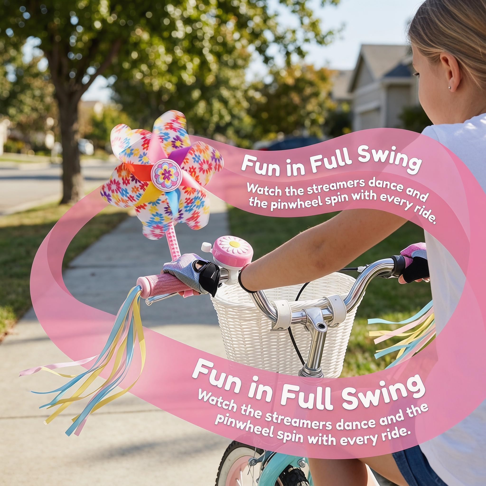 Panier de vélo avant pour enfants, accessoires de vélo pour filles et garçons, panier de vélo tissé avec autocollants, sonnette de vélo, moulin à vent et 1 paire de rubans colorés (panier blanc)