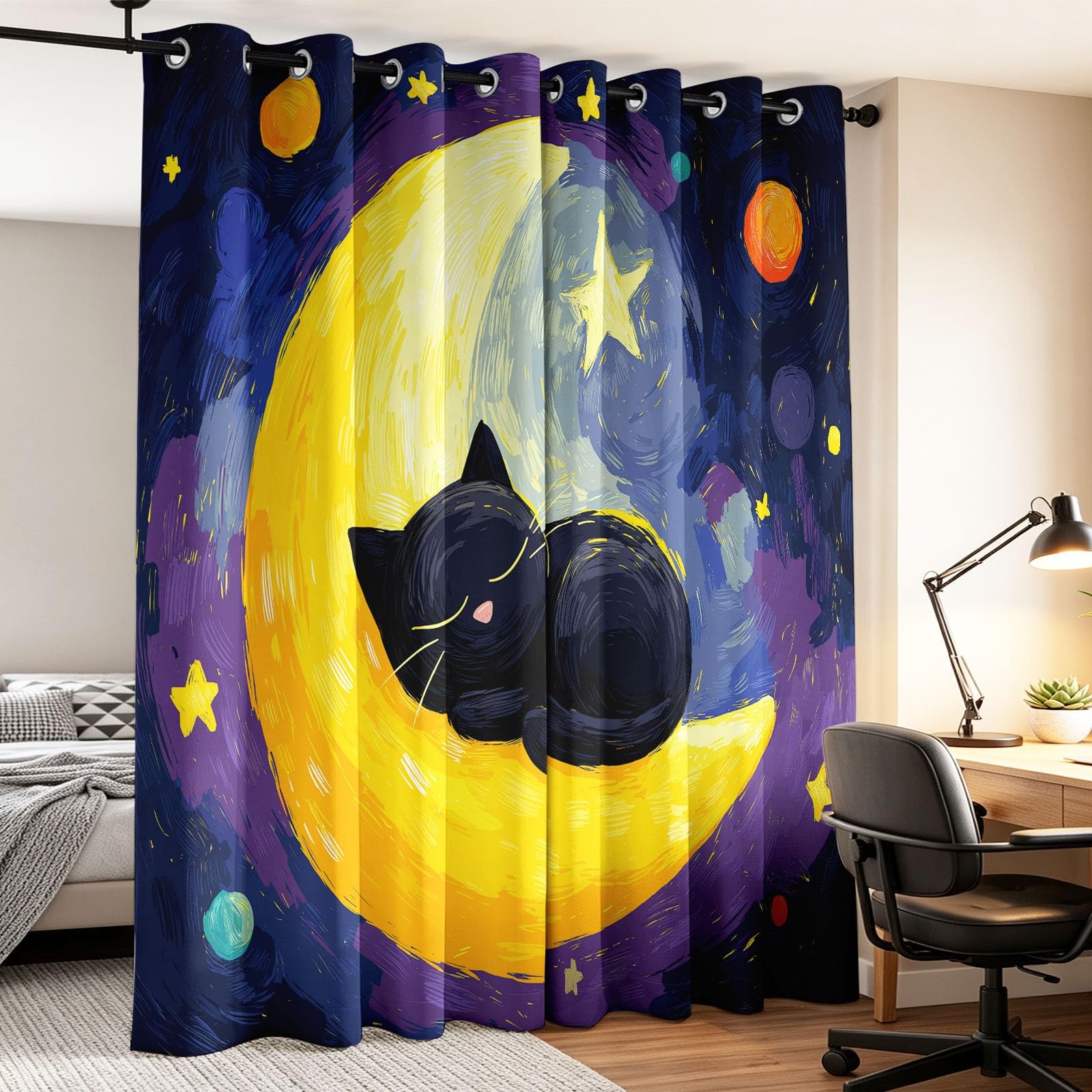 Rideau Occultant Peinture à l'huile Fantaisie Animal L 110 x H 215 cm, Lune Chat Rideaux et Draperies pour Enfants Filles Chambre Salon Rideaux de Fenêtre Thermiques Isolants