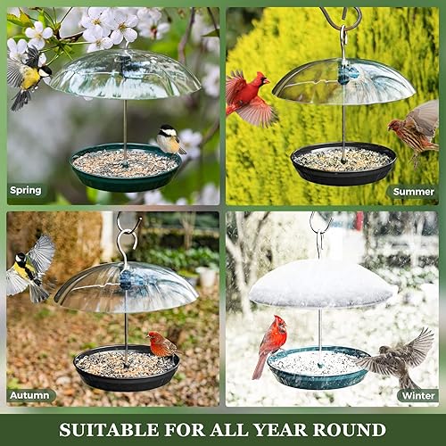 Miniatura 6 de Kingsyard Comedero para pájaros de plataforma ajustable para colgar al aire libre, bandeja de metal con cúpula superior, atrae a los pájaros azules,
