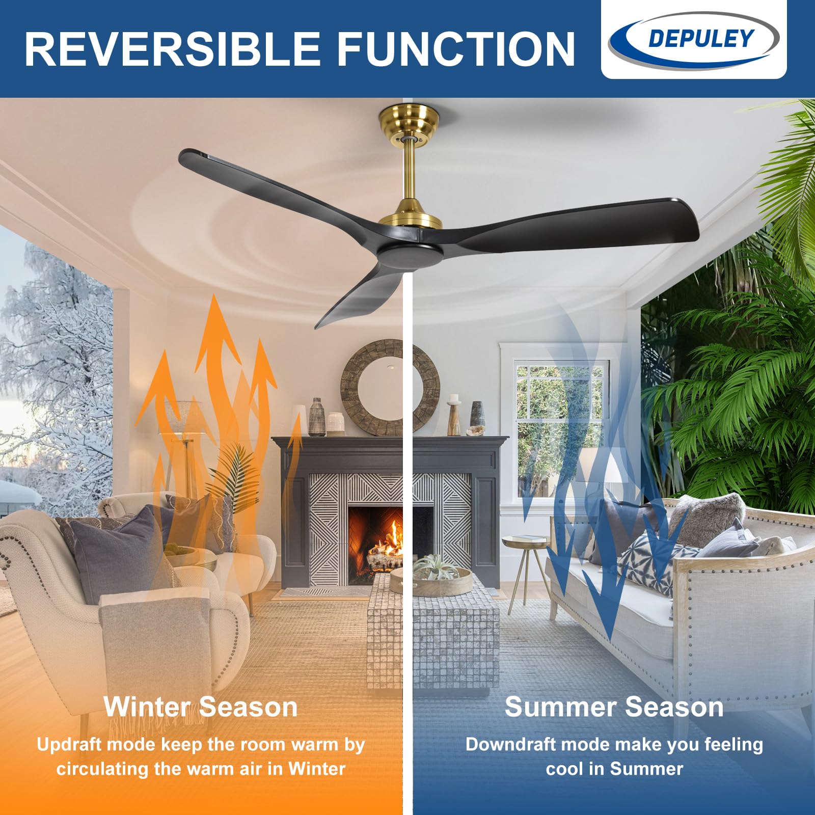 Depuley Ventilador de techo sin luz: Ventilador de exterior de 52 pulgadas con control remoto por para porches y terrazas - Ventilador de techo Black Gold sin luz, reversible, 6 velocidades