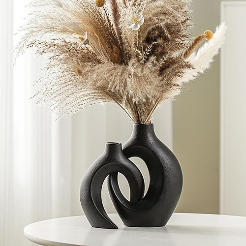 Snuggle Hollow - Juego de 2 jarrones decorativos de cerámica nórdicos de mediados de siglo, para decoración de mesa del hogar (negro mate, 6.3
