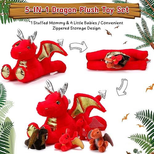 Miniatura 3 de Syhood Juego de 5 juguetes de peluche de dragón grande de 18 pulgadas con 4 lindos bebés en el interior con cremallera para niños y niñas, amantes