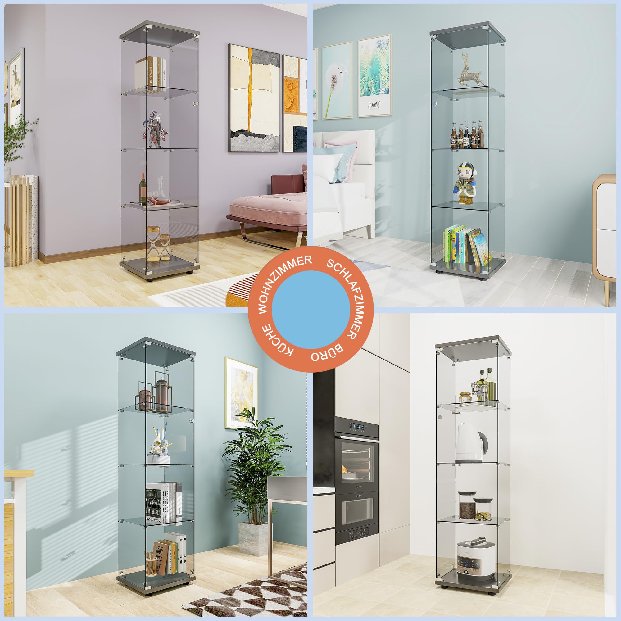FANYUSHOW Glasvitrine Standvitrine in Schwarz, Modern Glas Holz Vitrine 4-Lagen Vitrine aus Glas für Sammlerstücke Bücher Wein, für Büro Wohnzimmer Küche, 164x42.5x36.5cm