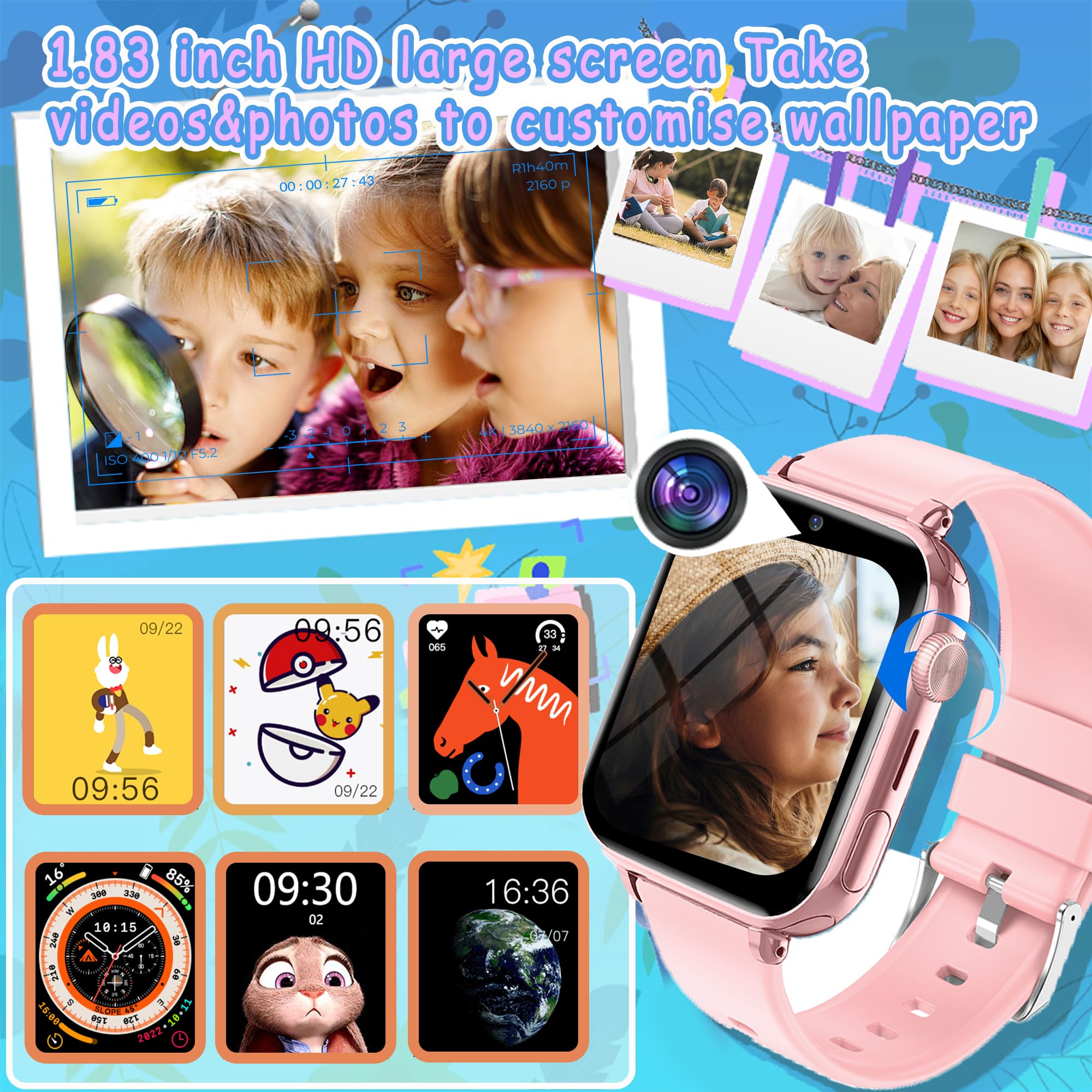 Kinder Smart Watch 4G mit GPS, Videoanruf, SOS, Geschenk für Mädchen Junge