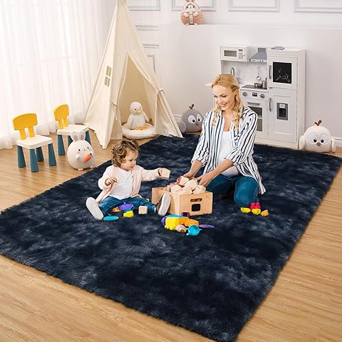 Miniatura 5 de GAOMON Alfombra de área de 8 x 10 pulgadas, teñido anudado, color azul marino, alfombra mullida para sala de estar, alfombra de pelo largo para