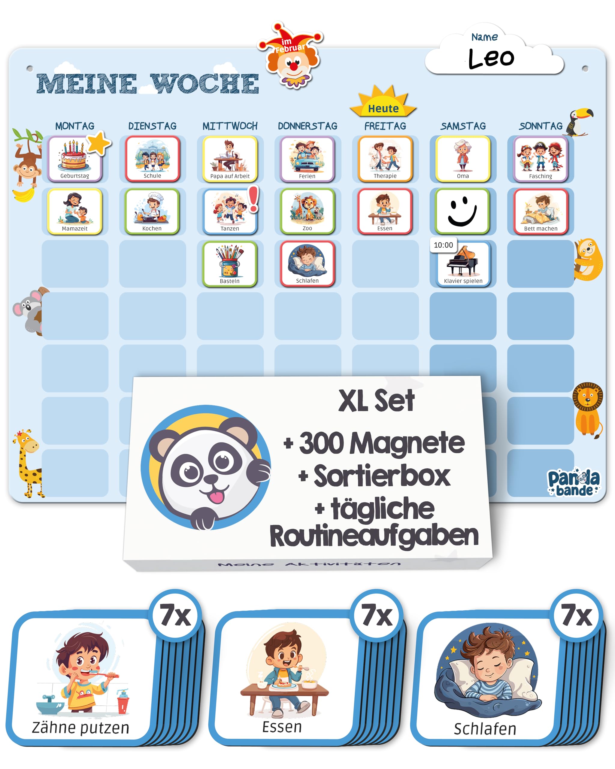 PANDABANDE XL Wochenplaner Kinder mit 300 Magneten & Sortierbox | Montessori Kalender Kinder für mehr Struktur im Alltag - Magnetischer Wochenplan mit Routinen