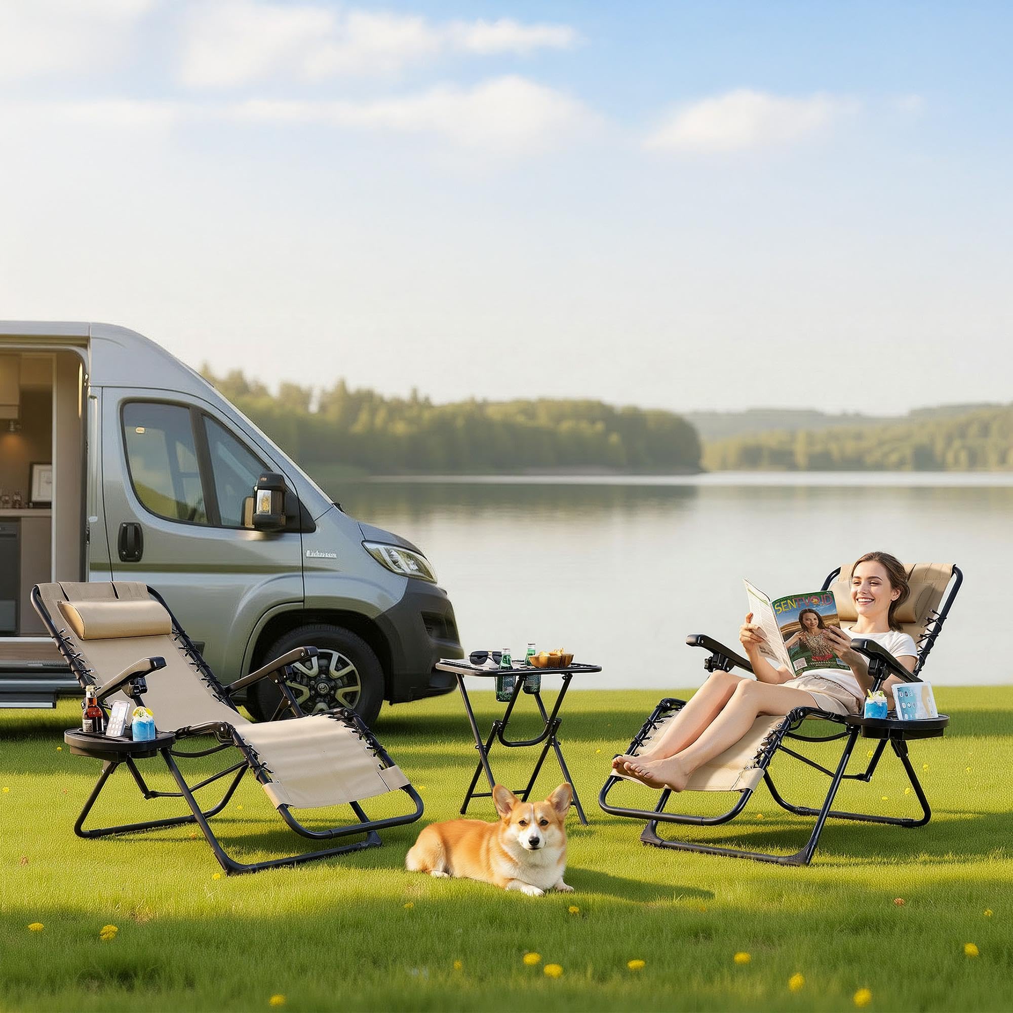 Abician Lot de 2 Chaise Longue Pliable et inclinable, avec Table Pliable Support de Gobelet, Fauteuil Relax Jardin de gravité zéro transat Bain de Soleil, avec Rembourrage de Tête Beige
