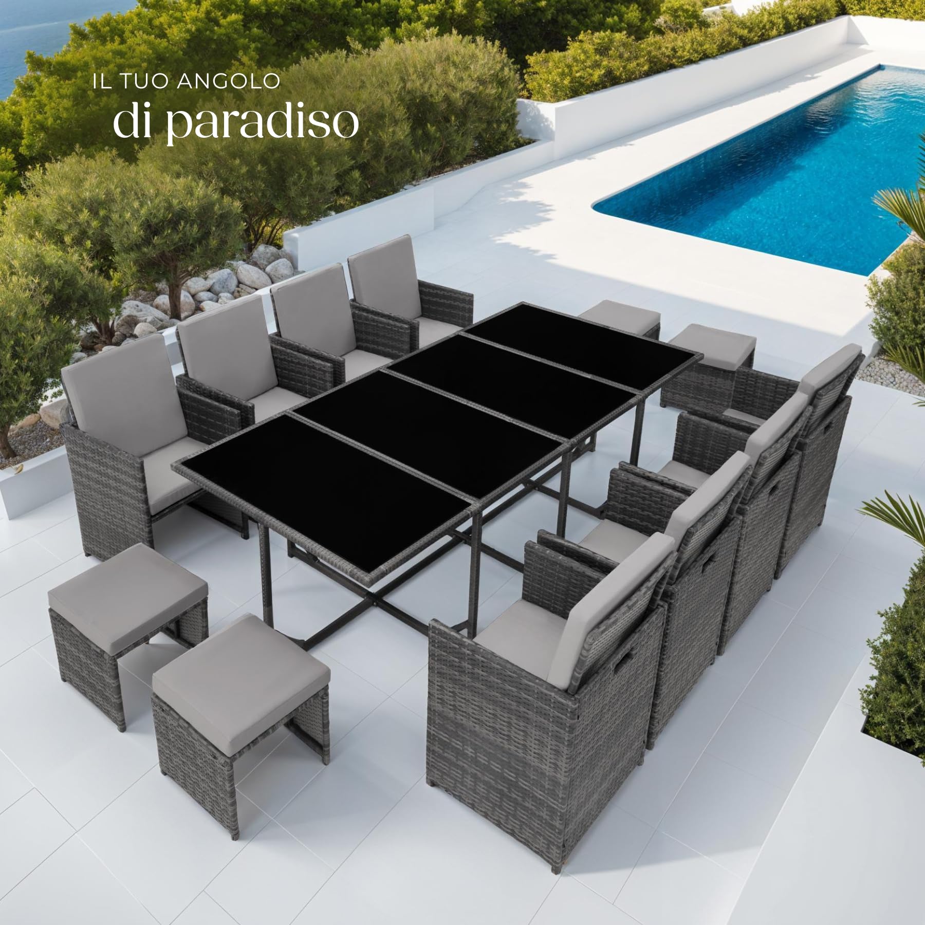 tectake Set Giardino Rattan 8 Sedie 4 Sgabelli Tavolo Vetro Temperato Acciaio Grigio