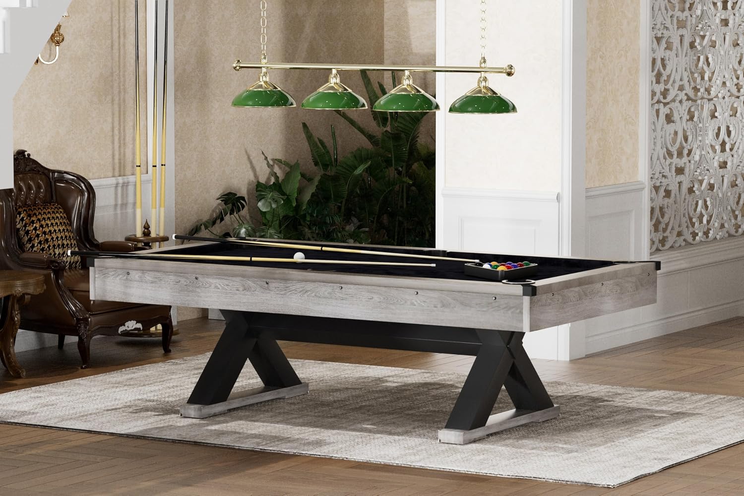 84" Pool Table with Billiard Balls, Cues, Pool Cue Chalk, Cleaning Brush, X Legs, Black Cloth, Rustic Grey,84.1" L x 46.5" W x 32" H