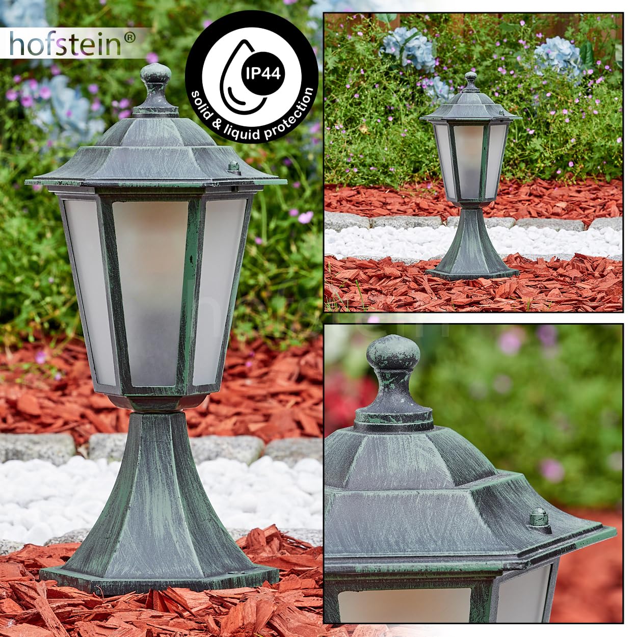 HOFSTEIN Außenwegeleuchte Loria, Sockelleuchte aus Metall/Milchlas in Schwarz-Grün, Wechselscheiben Klar, Wegeleuchte im Landhaus/Antik/Retro/Vintage-Design für Garten, Hof, Terrasse, 37 cm, E27, IP44