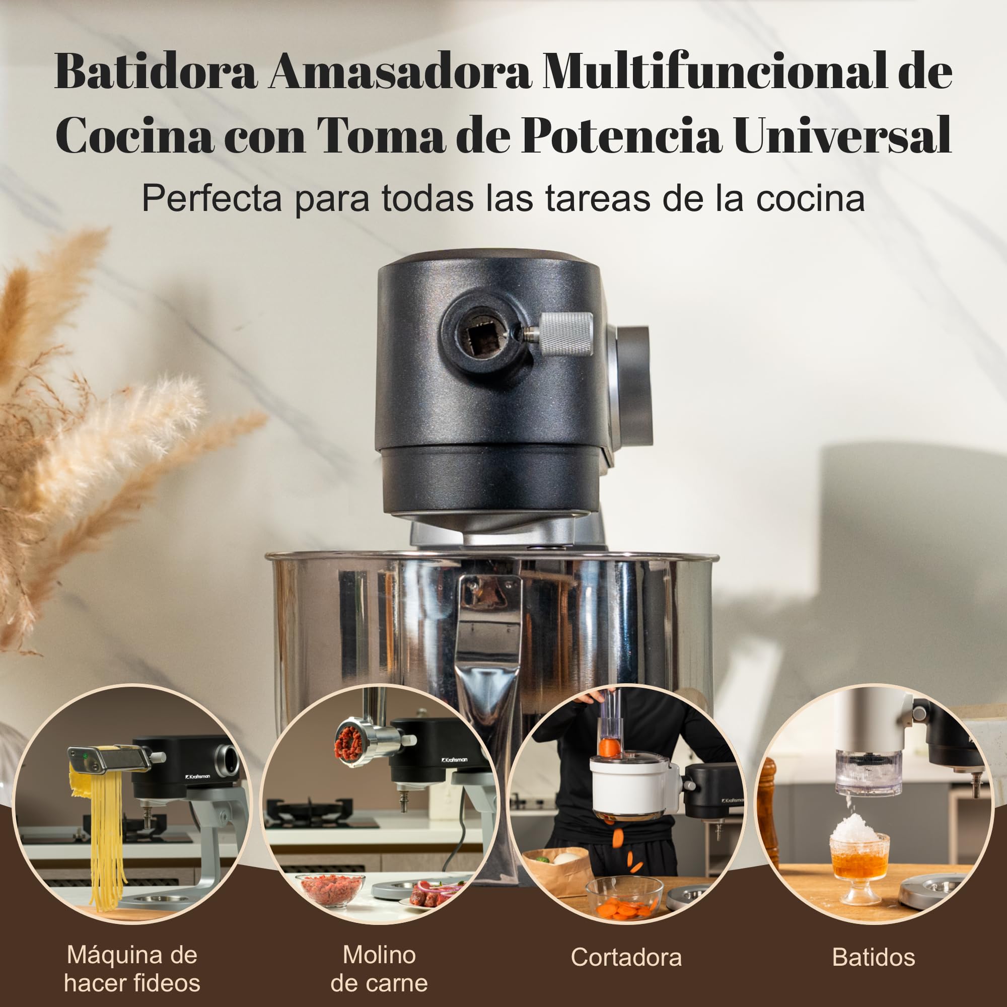 Robot de cocina, amasadora para masa de pan, carcasa de metal, 8 niveles con temporizador, cuenco de 5 L, 4 cabezales de acero inoxidable (Negro)