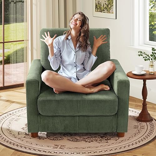 Kidirect 35.5in Corduroy Sofa Accent Chair, Tool-Free Setup Living Room Couch Accent Chairs, Reading Chair for Bedroom 22.5in Extra Deep Seats, Comfy Arm Chairs for Office, All-Wood Reading Nook Green