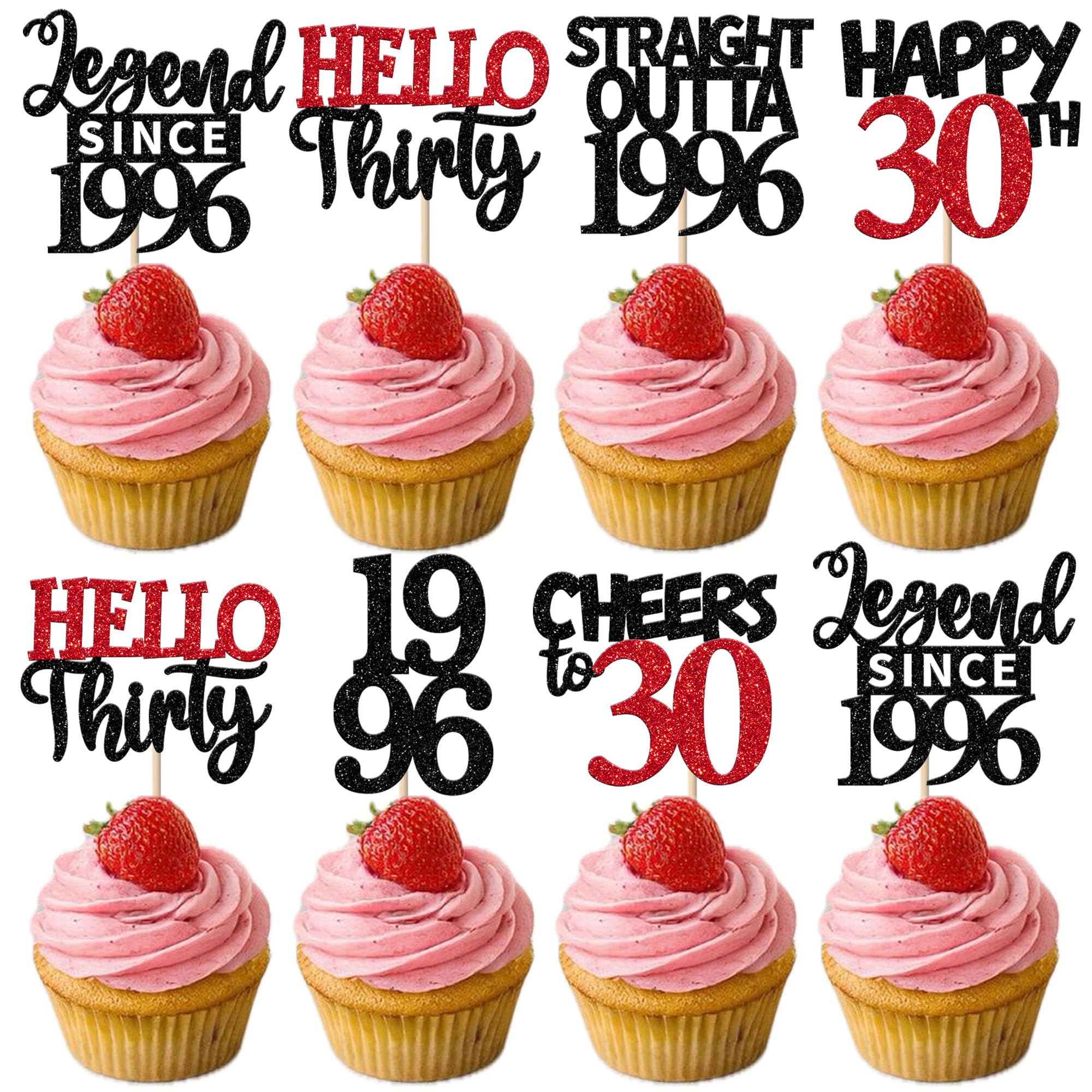 Xsstarmi 24 Pack 30th Birthday Cupcake toppers Black Red Glitter Straight Outta 1996 Cupcake Picks for Hello thirty Legend Since 1996 Birthday Party Cake Decorations Supplies