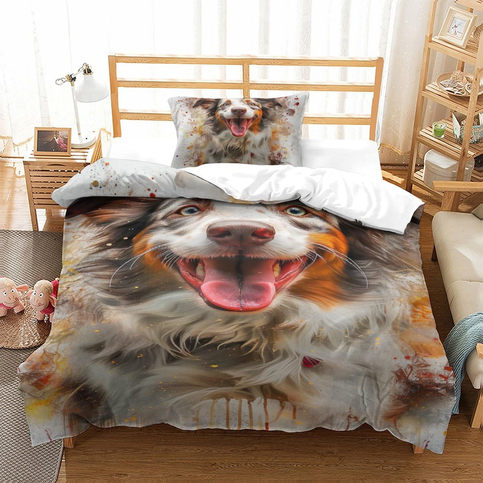 Housse de couette chien de berger avec 2 taies d'oreiller pour lit simple 135x200cm