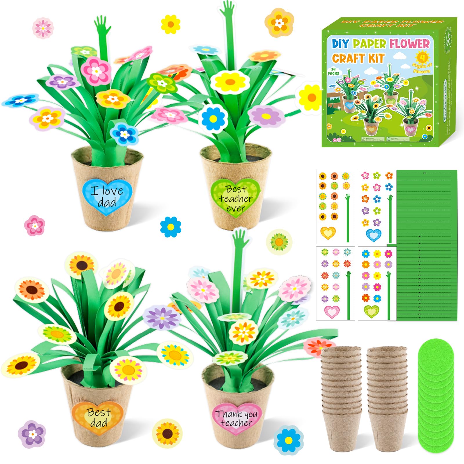 24 Pack Flower Paper Pot Craft Kit for Teachers Gifts Make Your Own Flower DIY Art and Crafts Garden Spring Floral Activity Craft Mother's Day