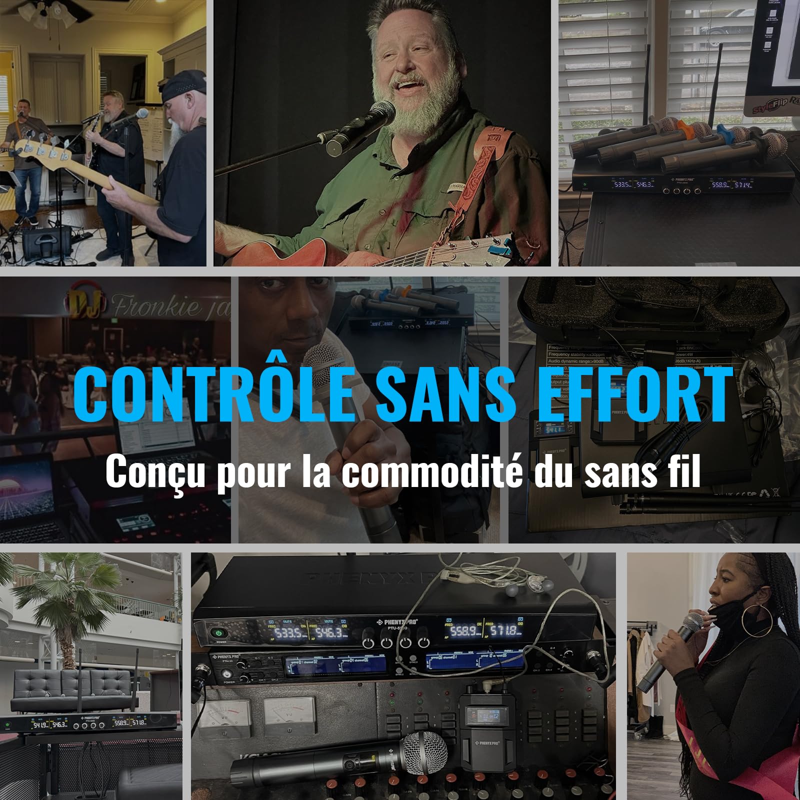 Phenyx Pro Système de Microphones sans Fil, Ensemble de Microphones sans Fil à Main pour Le Chant, Le karaoké, l'église, 2x30 fréquences UHF réglables, portée de 200 Pieds (PTU-52)