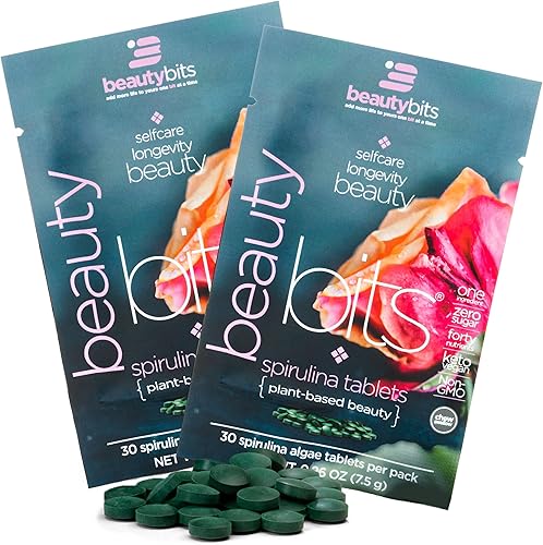 ENERGYBITS BEAUTYbits Tabletas de algas de espirulina pura, tabletas de superalimentos, algas verdes azules puras, altas en proteínas, clorofila, no