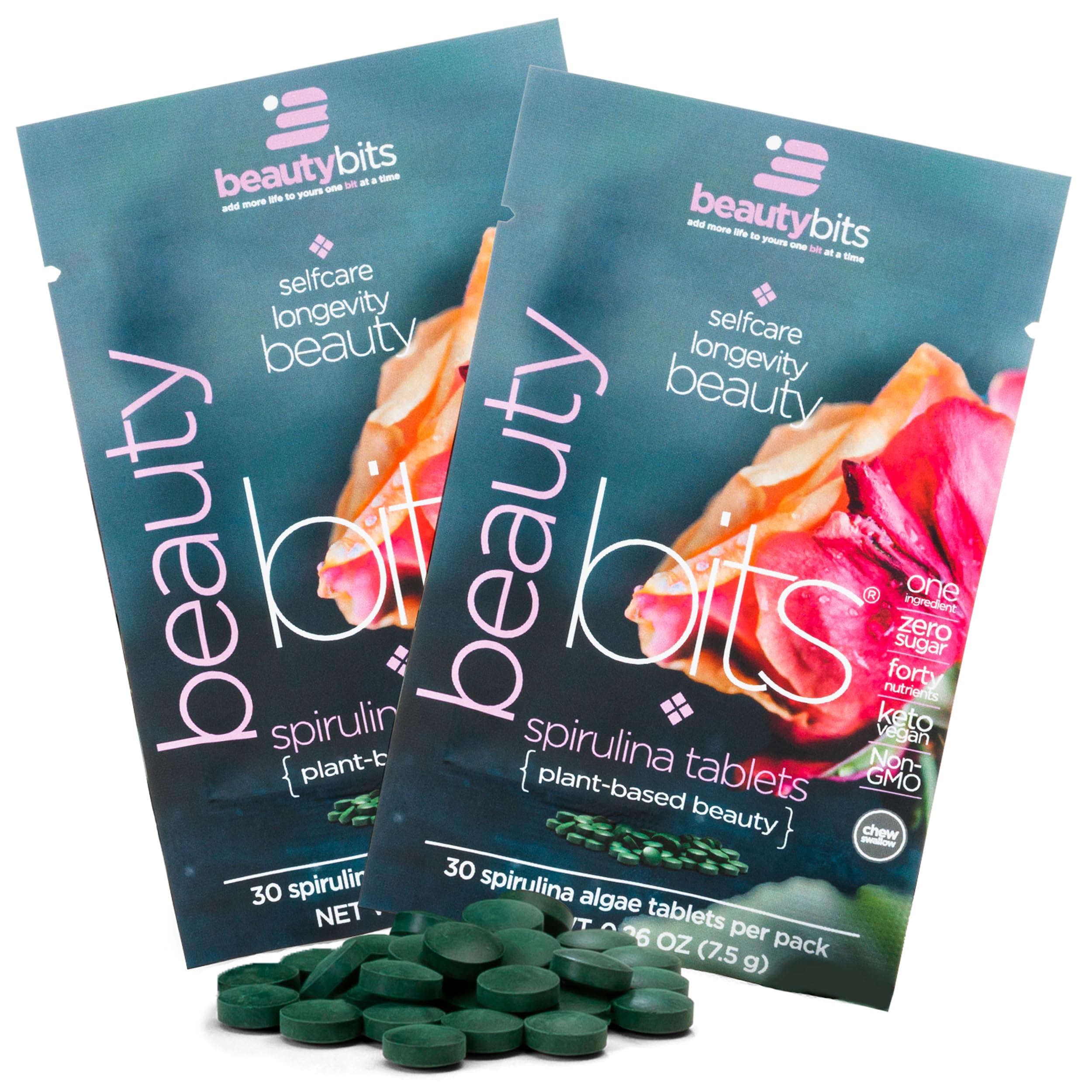 BEAUTYbits - Organic Spirulina Tablets - Algae Superfood - Collagen, Protein, Chlorophyll - Hair, Nails, & Skin Care - Vegan, Keto, Gluten Free - Self Care - Skincare Beauty Gifts - 2 Bags, 60 Tablets