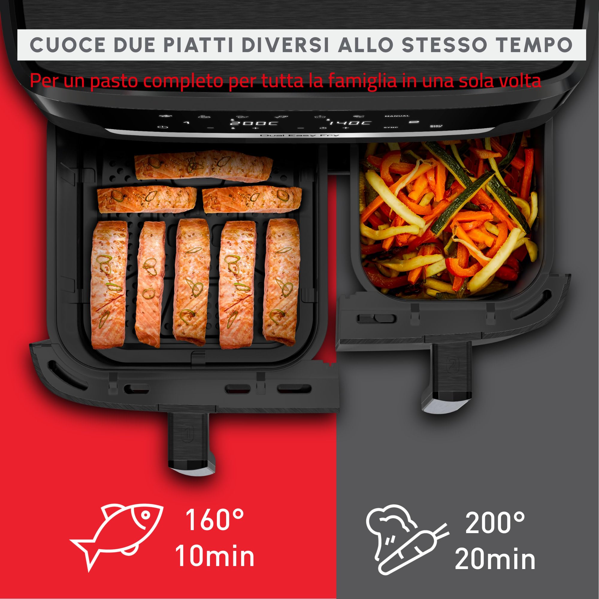 Moulinex Dual Easy Fry XXL, Friggitrice ad Aria 11 Litri, Doppio Cestello Antiaderente Lavabile in Lavastoviglie, Basso Consumo Energetico, 7 Modalità, App Ricette, Colore Nero, EZ9428