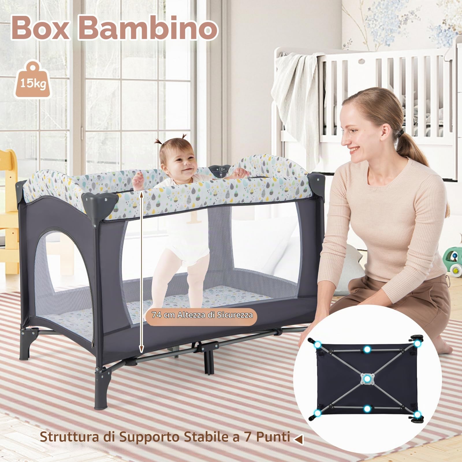 RELAX4LIFE 4 in 1 Lettino da Campeggio con Materasso per Bambini, Culla da Viaggio per Neonati con Fasciatoio, Carillon e Ruote Bloccabili, Adatto a Bambini da 0 a 36 Mesi (Beige)