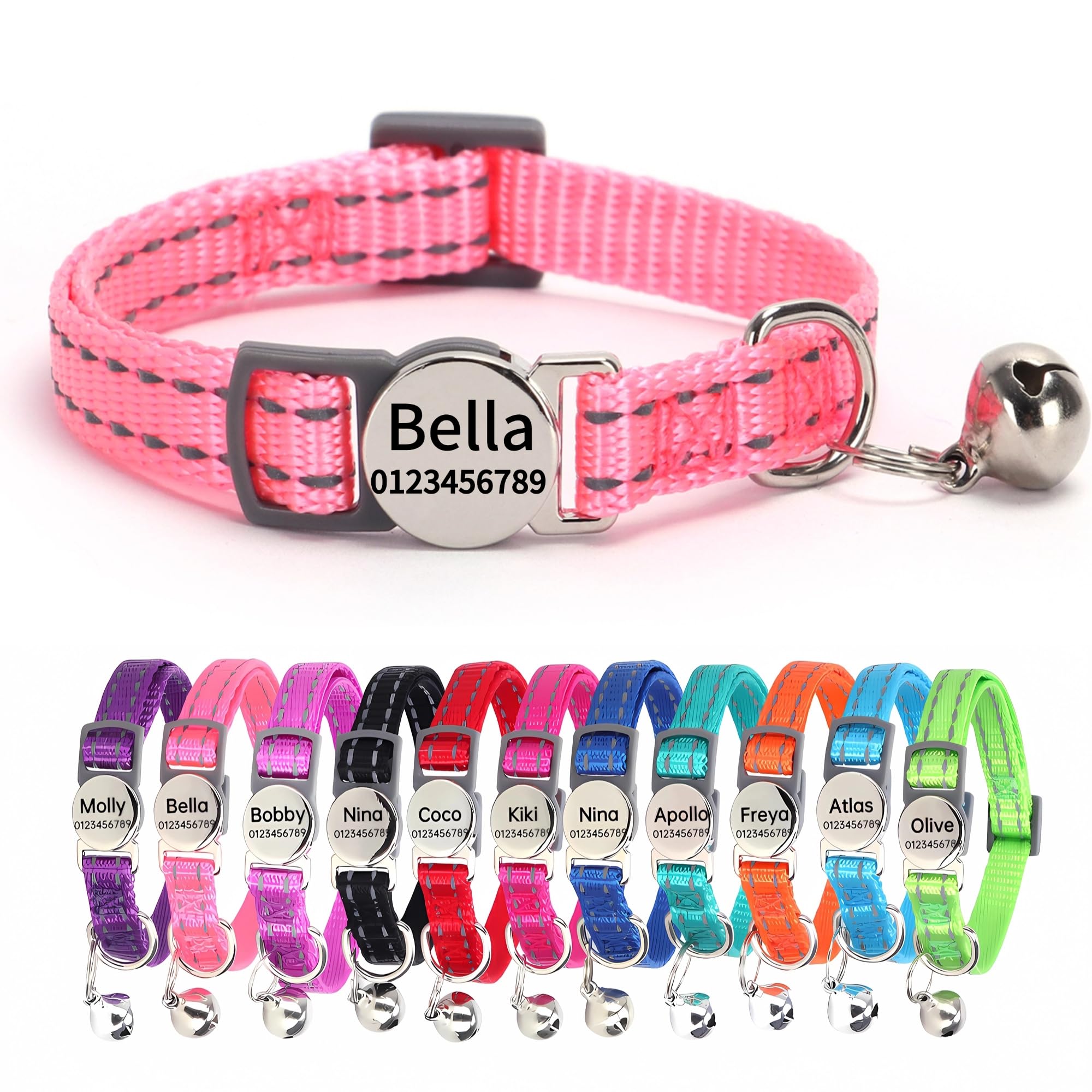 SEOUGEE Cat Collar Quick Release with Personalised Name Tag, Reflective Kitten Collars with Bells & Safety Release, 19-30 CM Adjustable, Pink