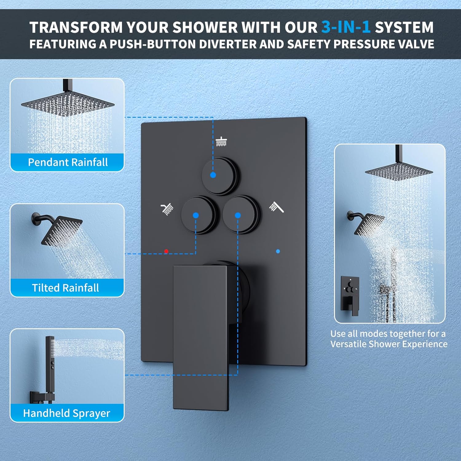 Shower Faucet Set Shower System - EMBATHER Push Button Diverter Dual Shower Faucet Valve Kit with Rainfall Ceiling Mount 10 Inch Shower Head 6 Inch Wall Mount, for Couple (Standard-10'', Matte Black) - Image 3