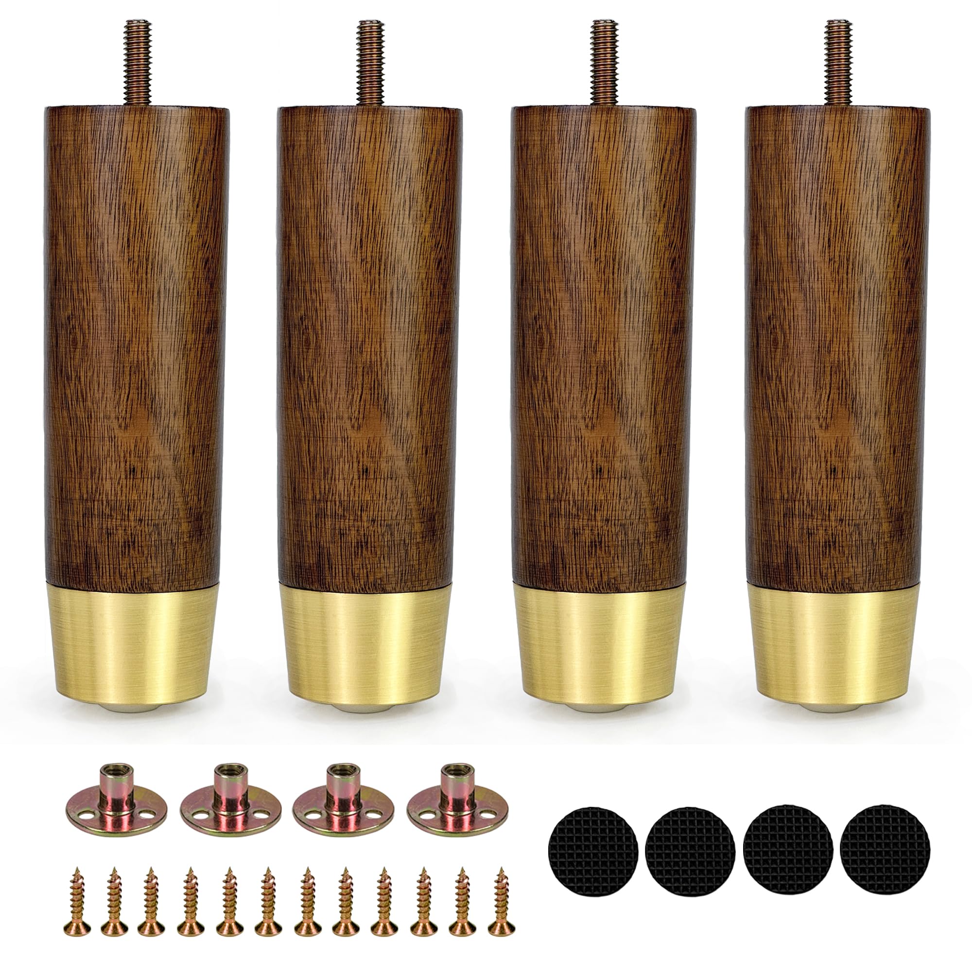 Vilanca 15cm Wooden Furniture Legs with Gold Cap Set of 4 Sofa Replacement Solid Wood Furniture Feet for Armchair Couch Cabinet Dresser Ottoman TV Stand Bed Legs (6inch)