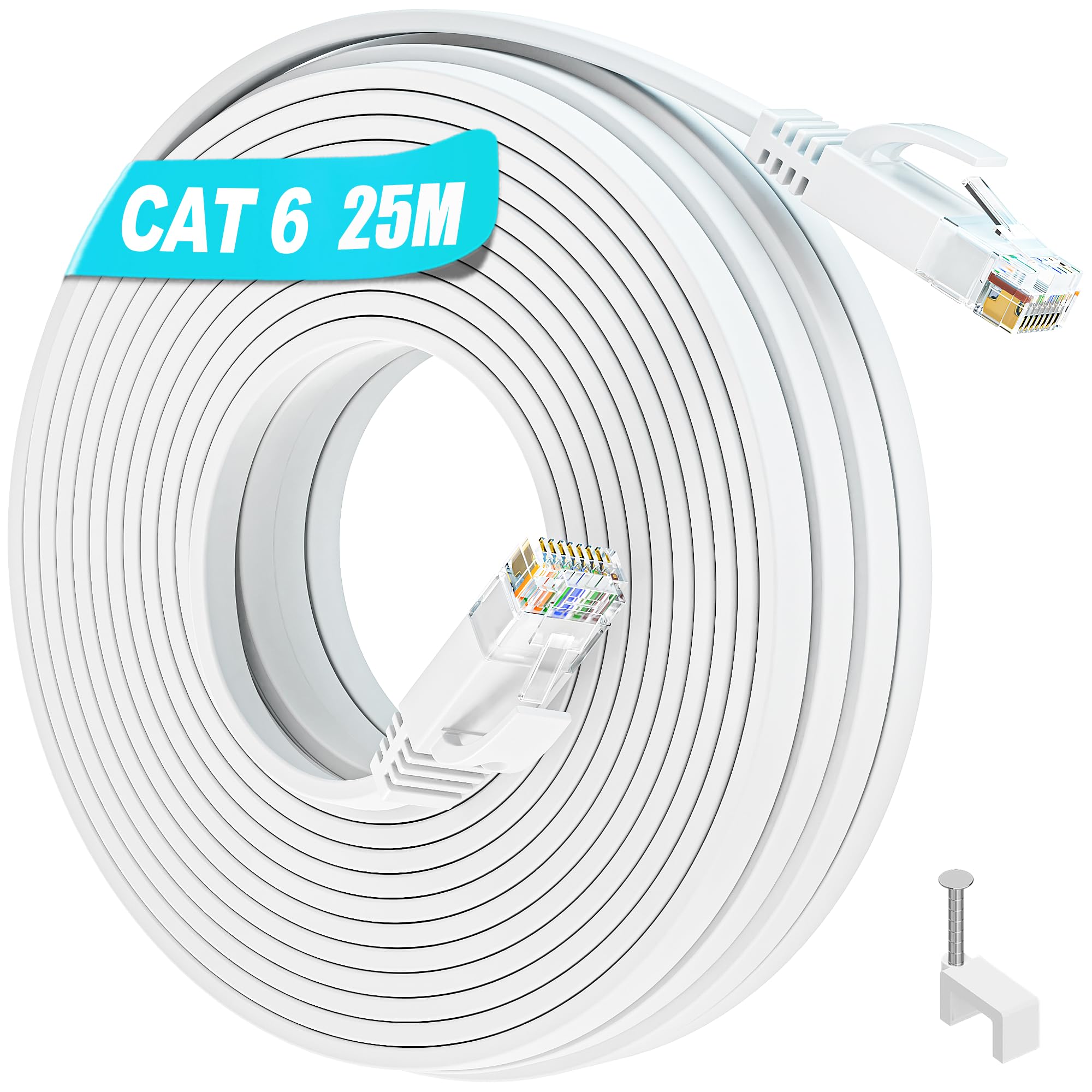 Ethernet Cable 25m, Cat 6 Internet Cable High Speed, Network Cable Flat Design Long UTP LAN Indoor Gigabit White Patch RJ45 Wlan Cable for Router Modem TV, Home Office - 1000Mbit/s 250MHz