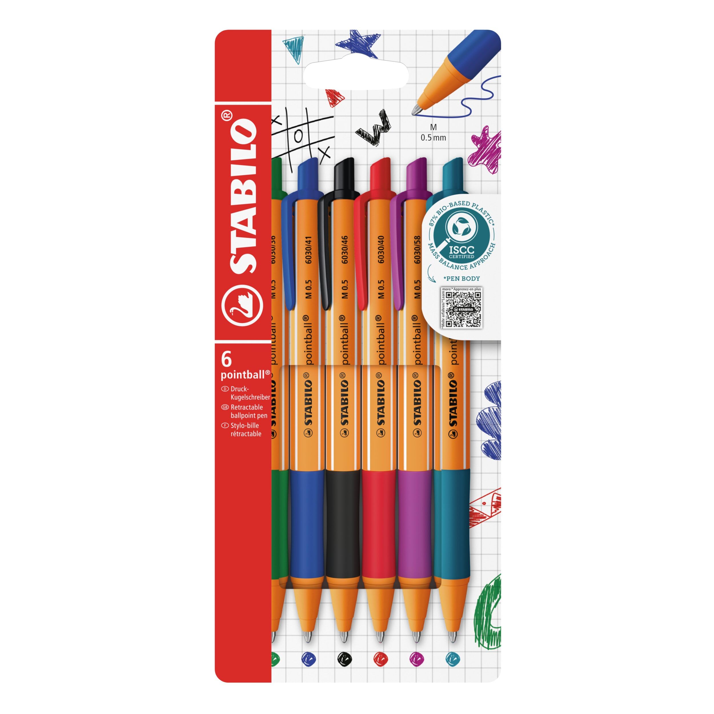pointball - Ballpoint Pen - Pack of 6 - Red, Blue, Black, Green, Turquoise, Lilac