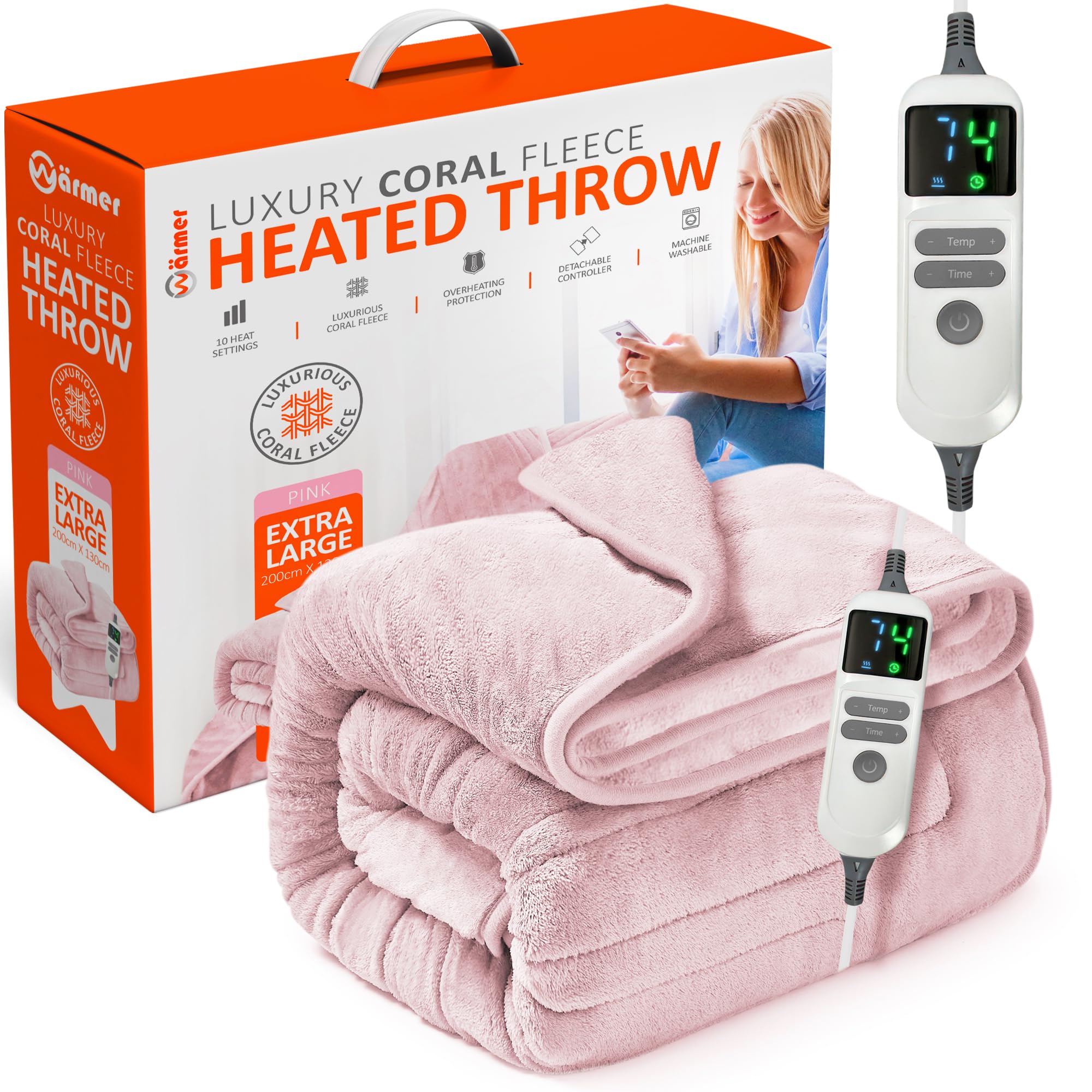 Warmer Pink Electric Heated Throw Blanket - Digital Controller - 9 Hour Timer, 9 Heat Settings, Auto Shutoff, Detachable Controller - Machine Washable - Extra Large 200Cm X 130Cm