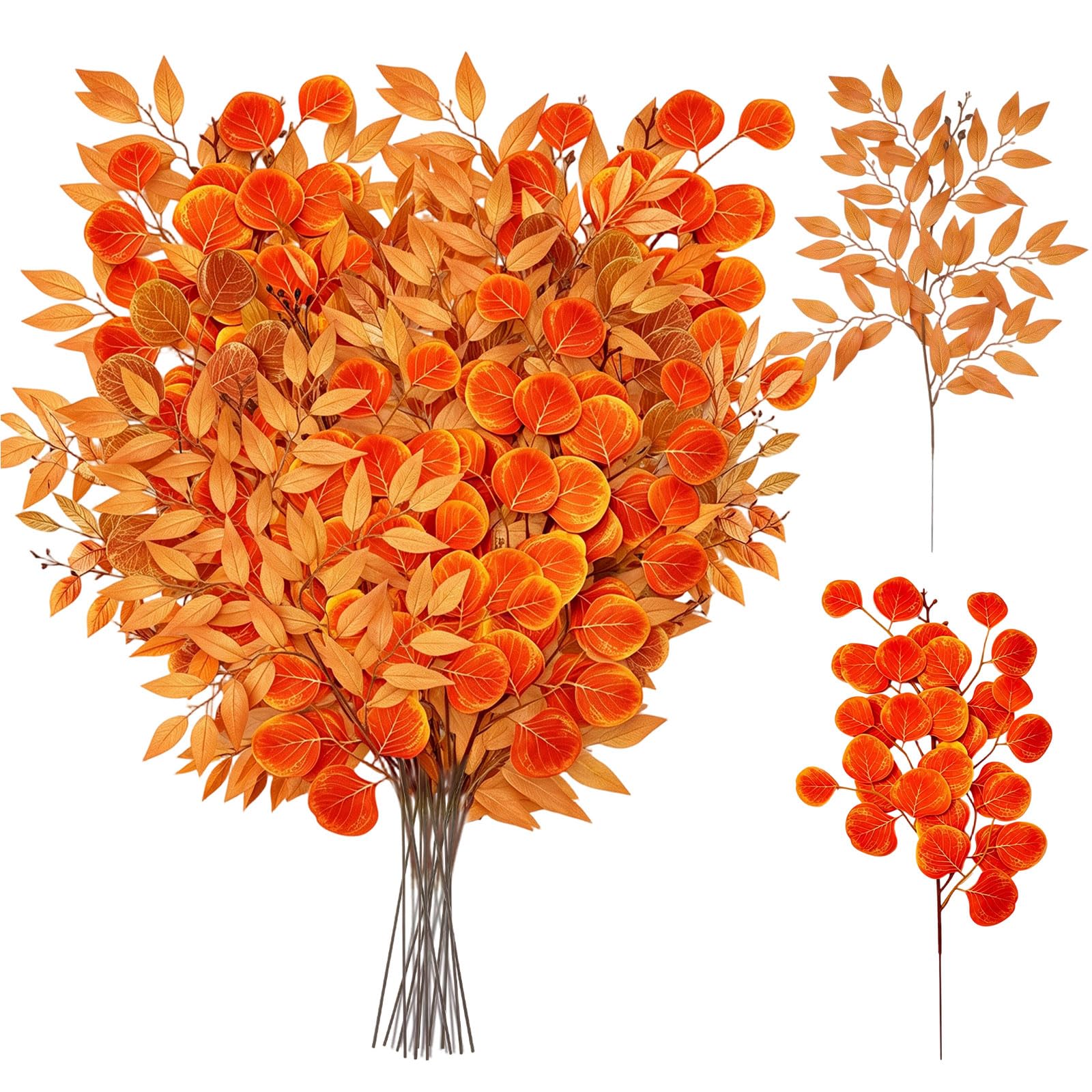 12PCS Artificial Eucalyptus Stems and Willow Leaf Branches, 56cm Orange Faux Foliage Stems, Autumn Artificial Greenery Leaves for Vase, Flower Arrangement, Wedding, Home, Table and Party Decor