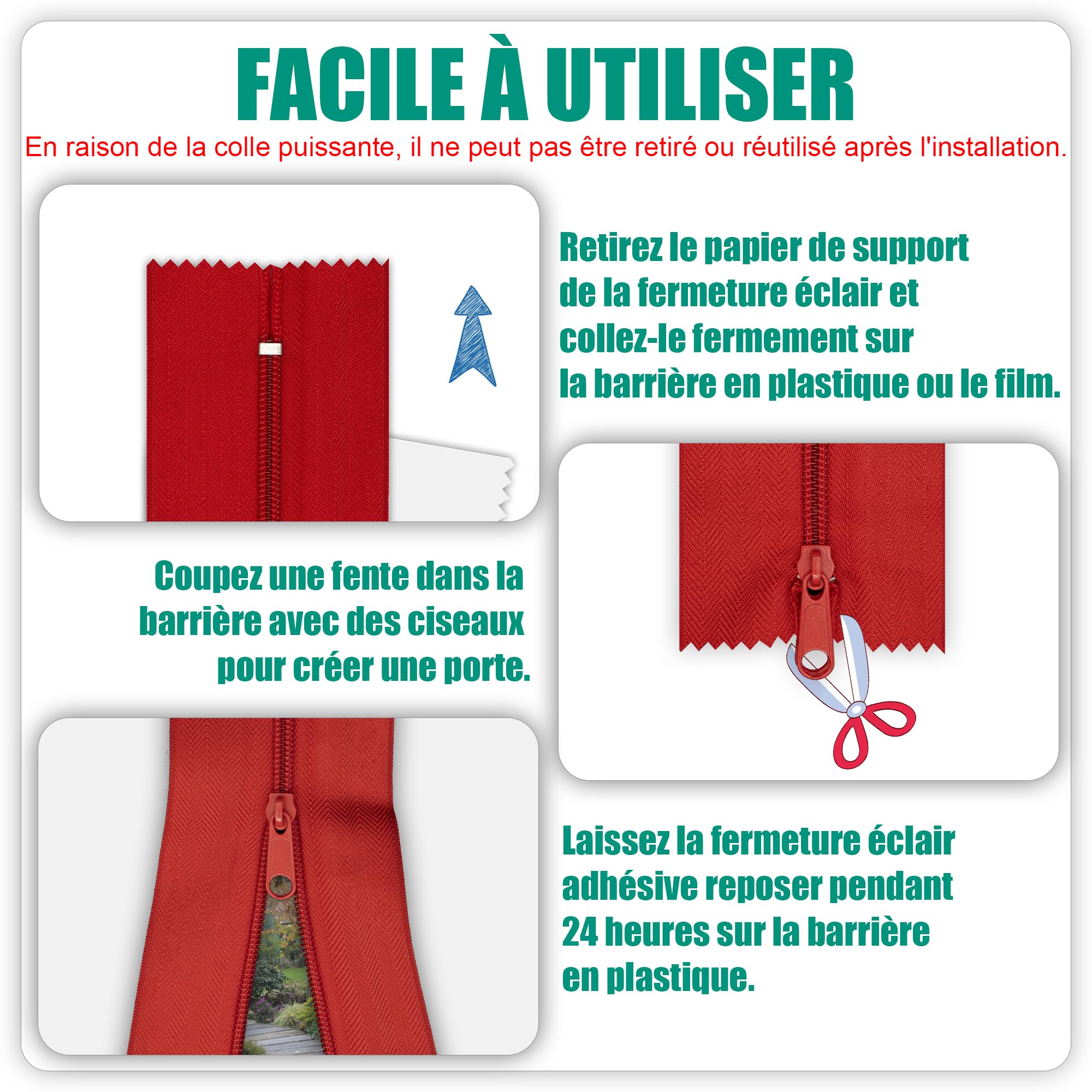 Lot de 12 fermetures éclair autocollantes rouges - 220 cm x 7,6 cm - Fermeture éclair double face haute performance pour murs anti-poussière, serres, zones de construction