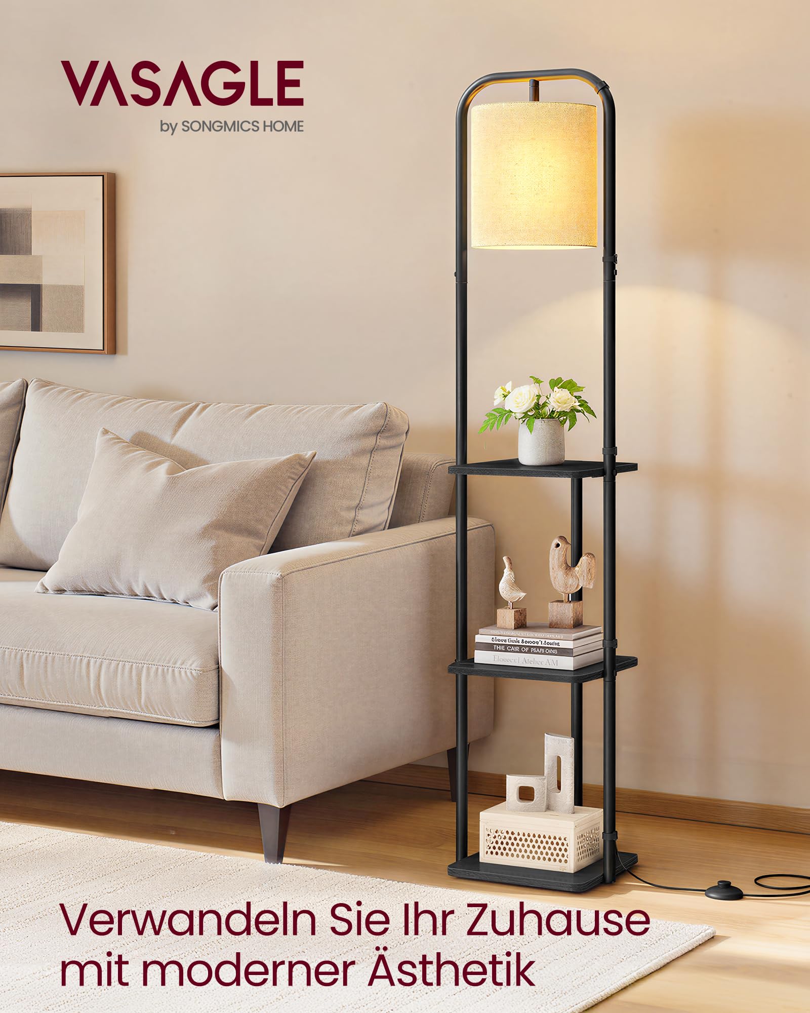 VASAGLE Stehlampe mit Regal, mit 3 Holzregalen, Lampenschirm aus Stoff