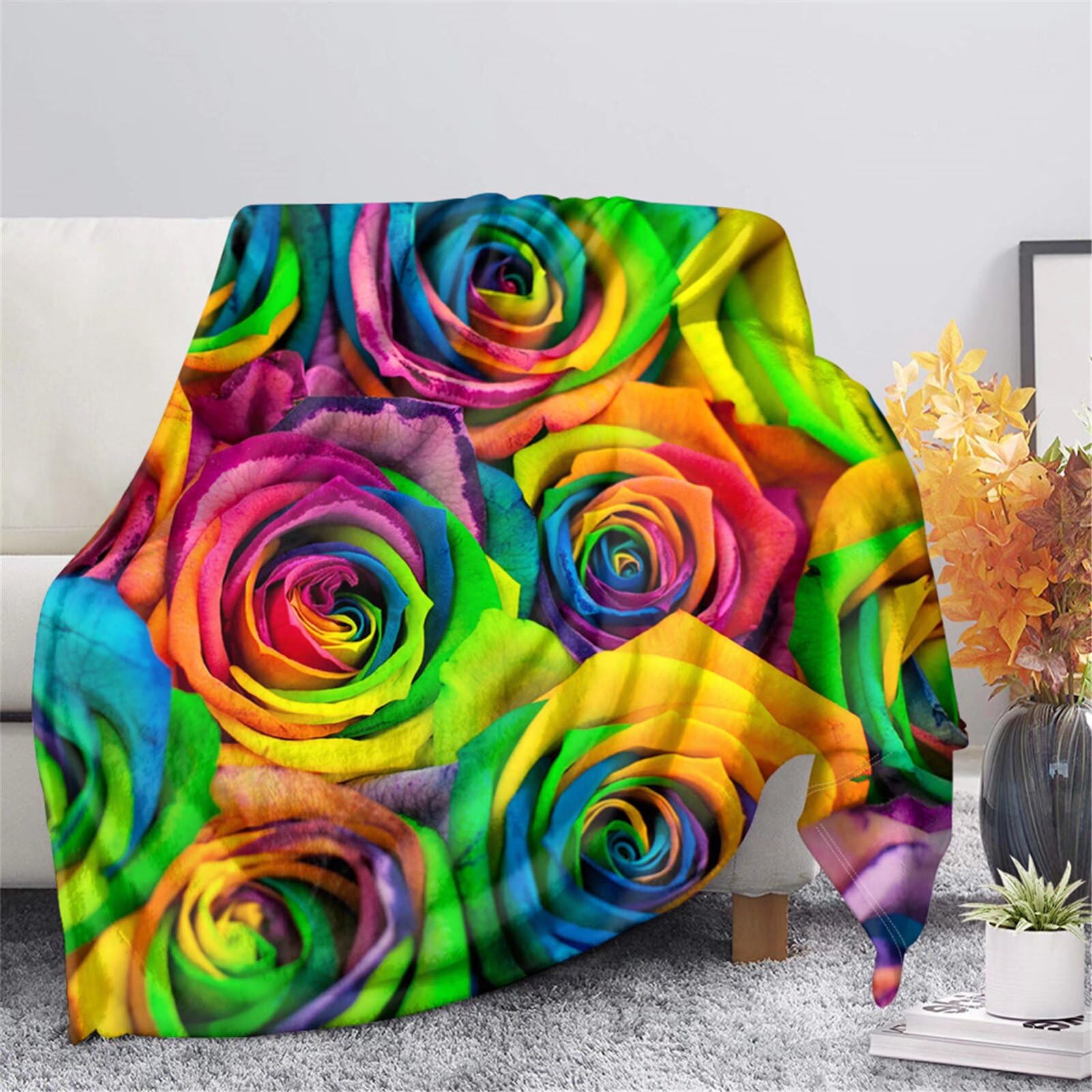 SEANATIVE Throws Blanket Soft Nap Shawl Rainbow Rose Flower Pattern Winter Warm Couch Knee Blanket Lightweight for Women Girls