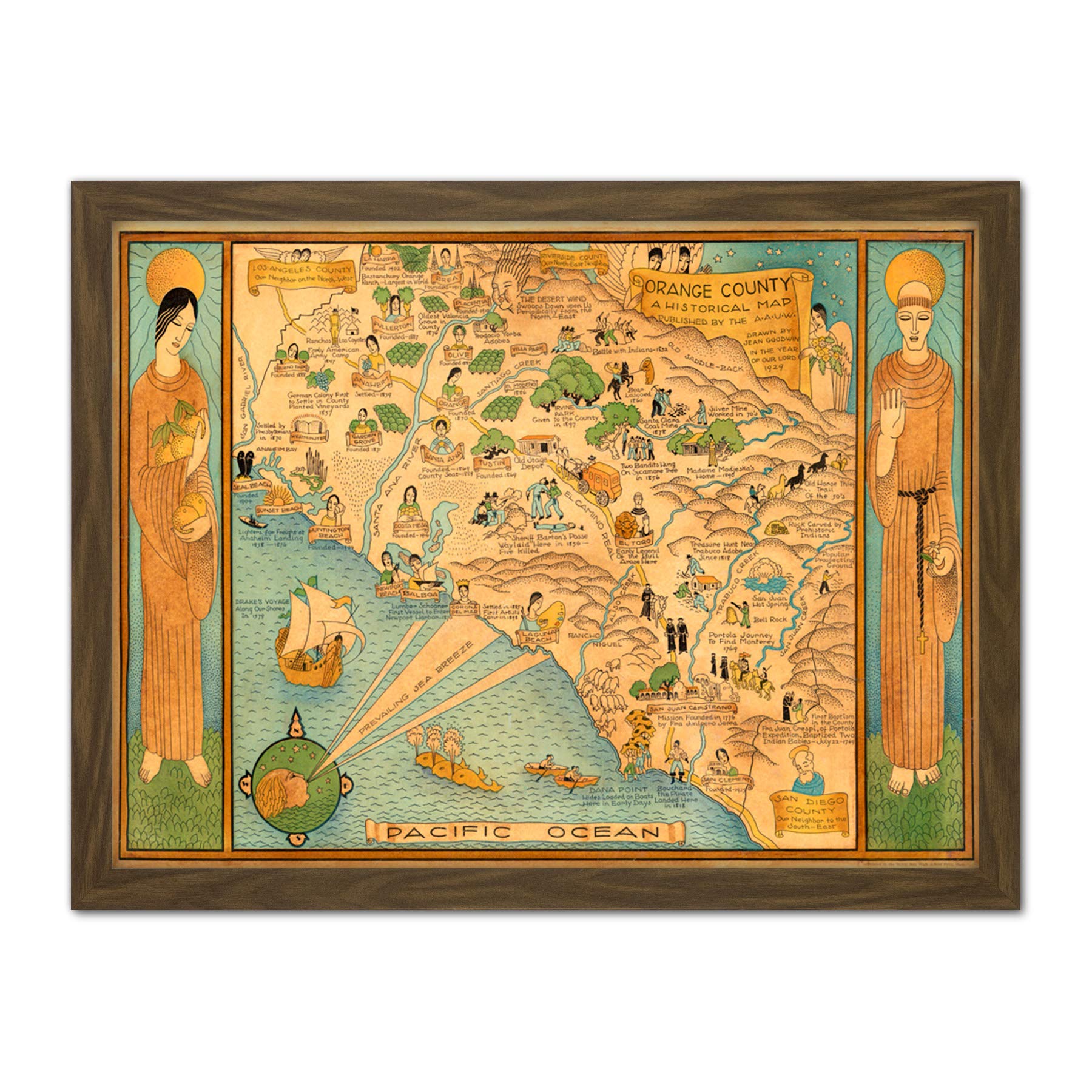 Artery8 Map Ames 1929 Historic Orange County California Pictorial Artwork Framed Wall Art Print 18X24 Inch