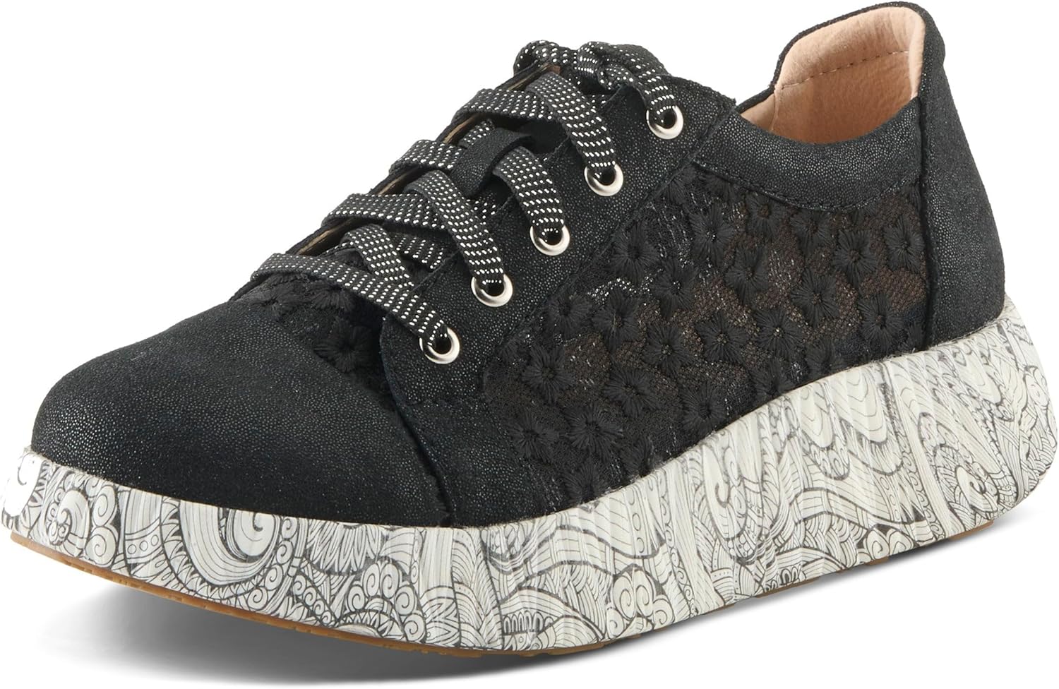 L'Artiste Women's SNEAKHEART Lace-Up Sneakers – Metallic Floral Embroidery, Breathable Mesh, Removable Insole, Street-Chic Design